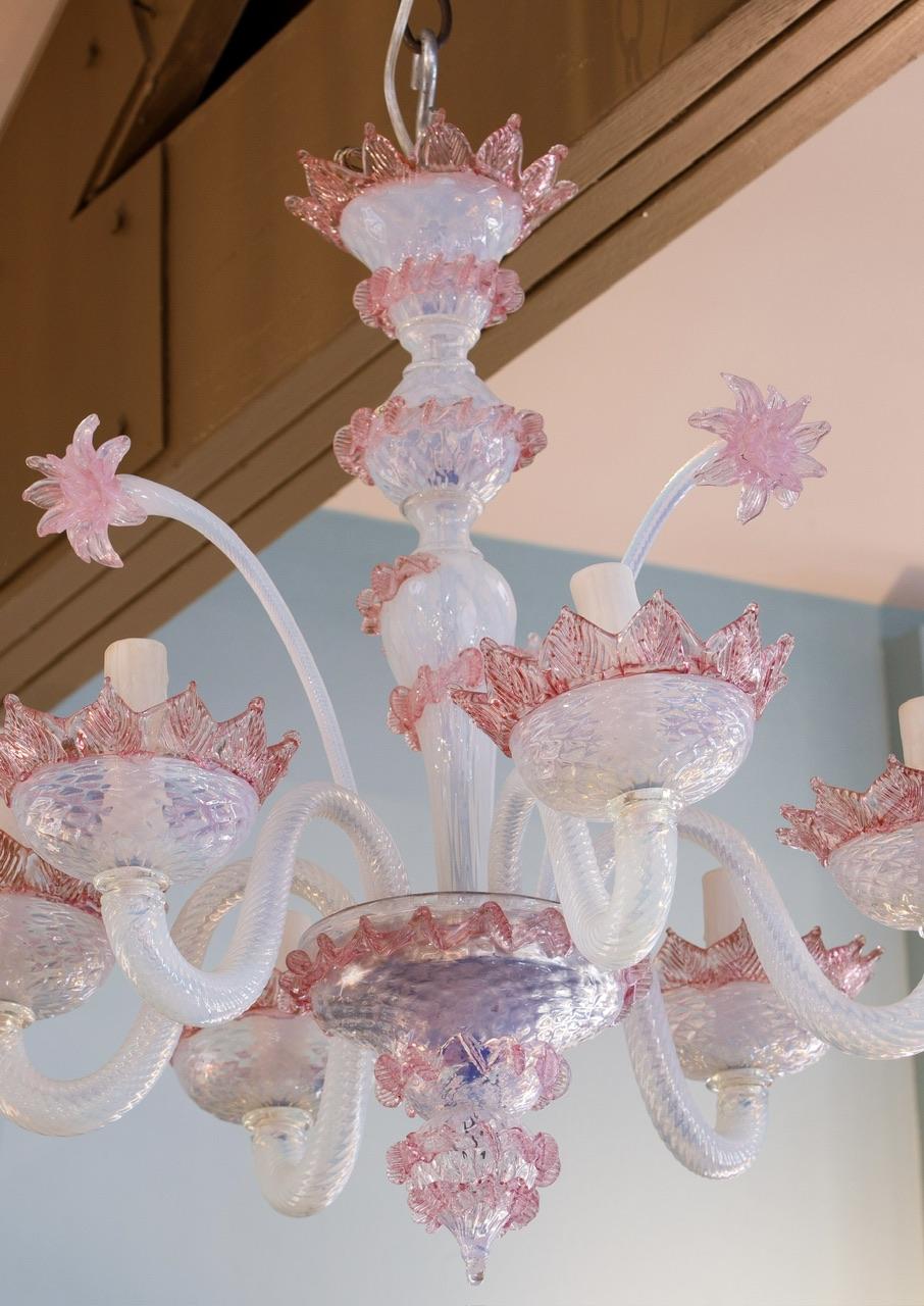 Mid-20th Century Vintage Six Arm Murano Chandelier with Flowers
