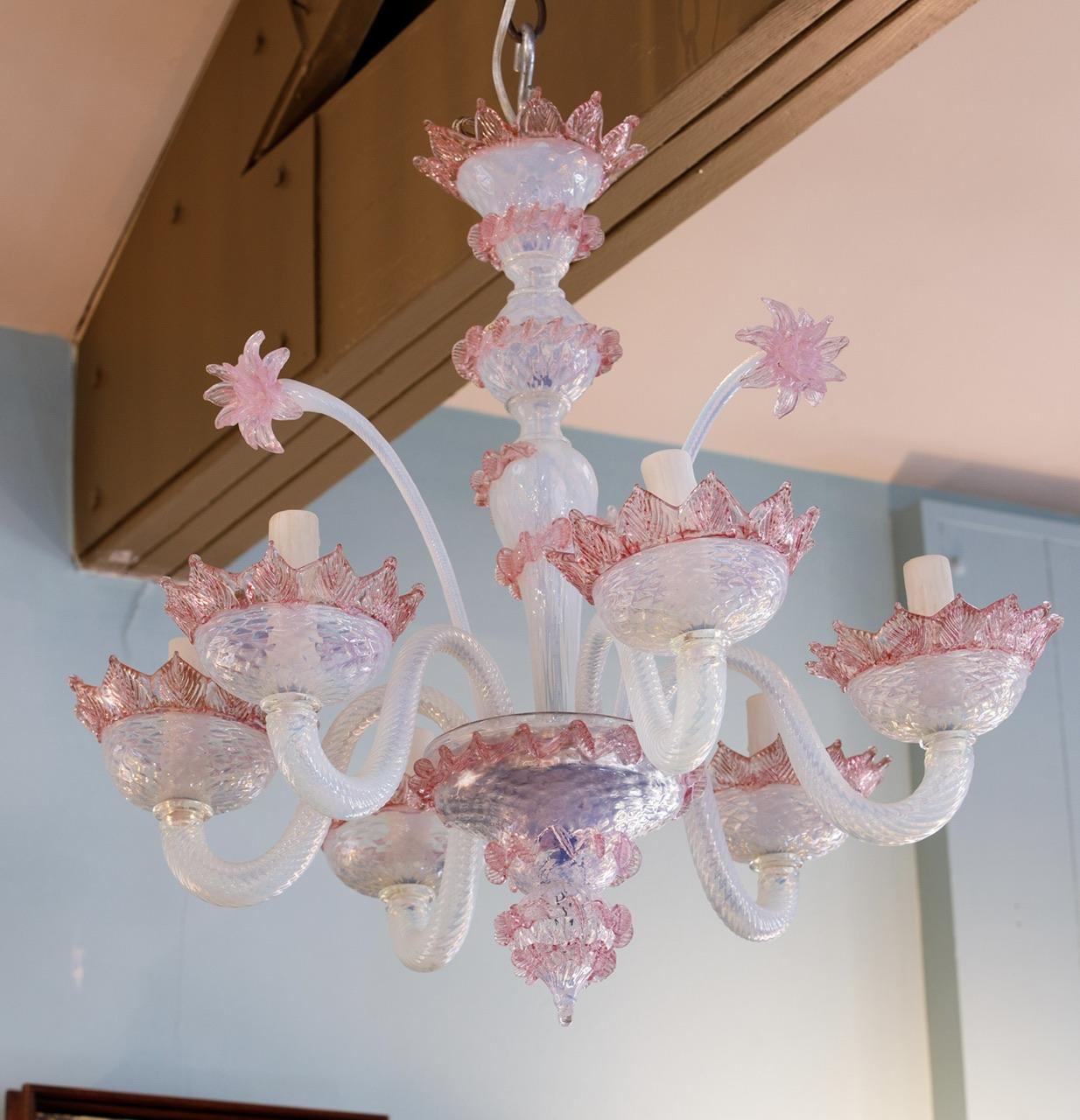 Blown Glass Vintage Six Arm Murano Chandelier with Flowers