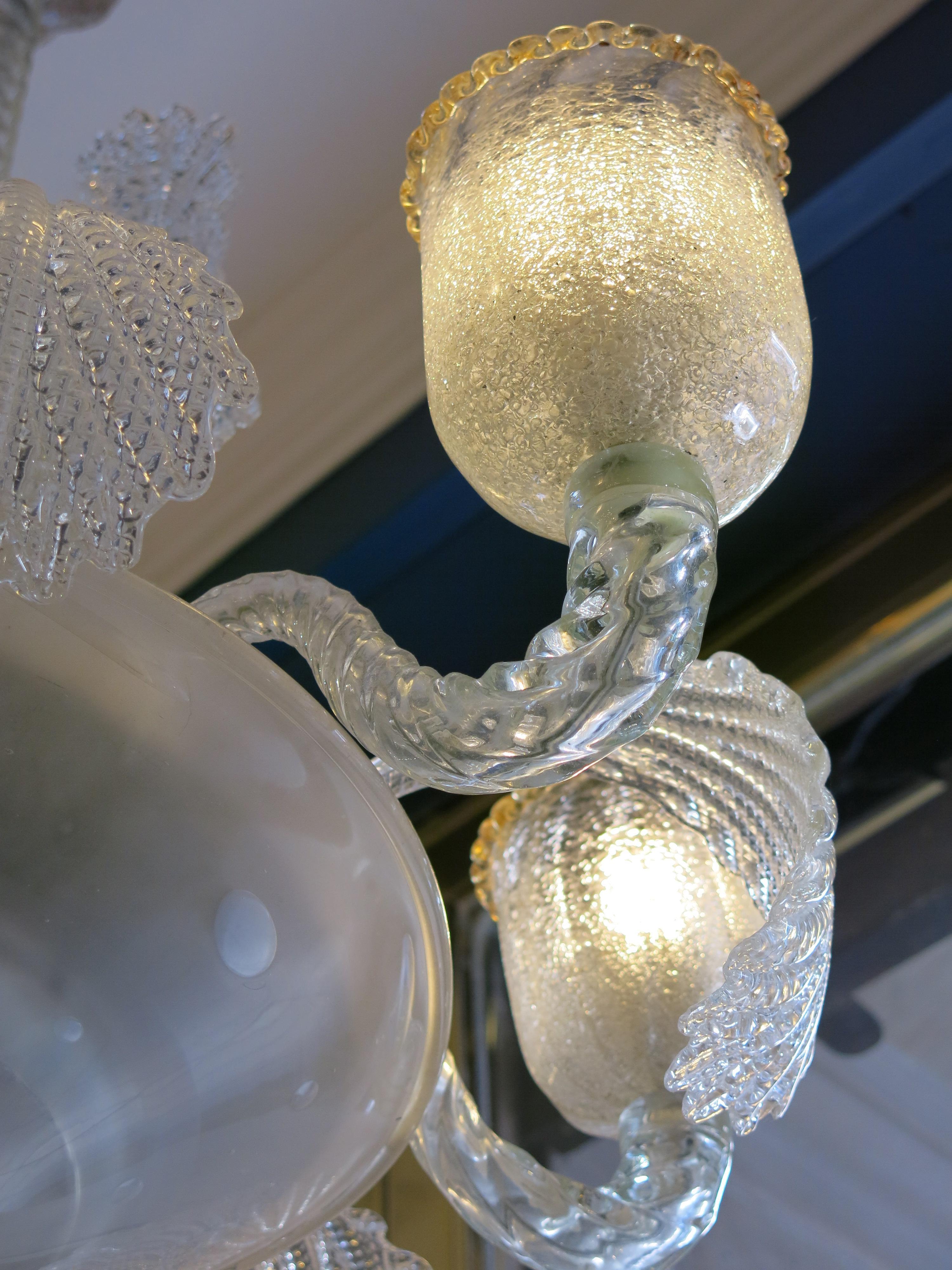 Italian Vintage Six Light Murano Glass Chandelier in Clear and Gold Lampshades, 1960s