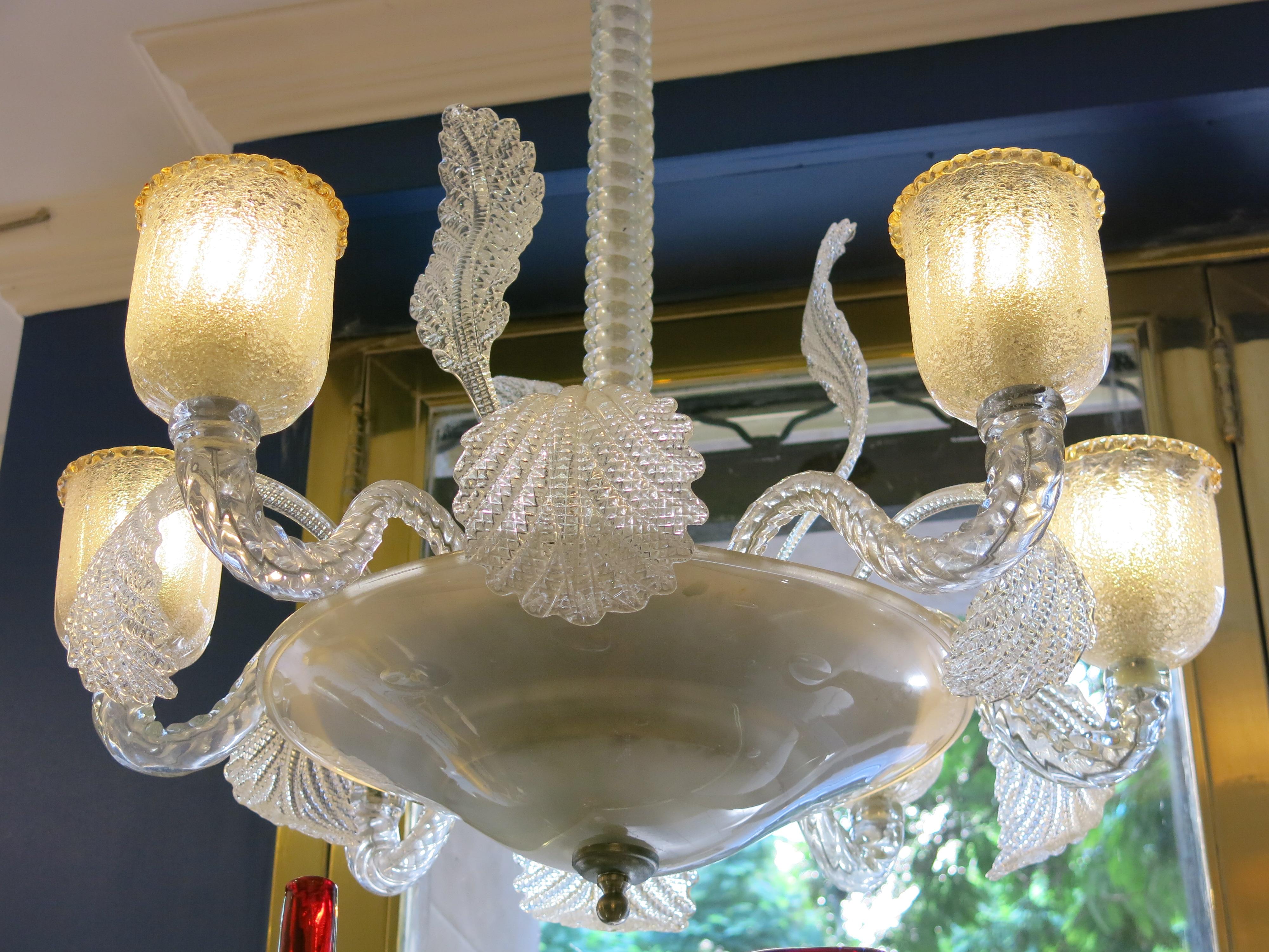 Art Glass Vintage Six Light Murano Glass Chandelier in Clear and Gold Lampshades, 1960s