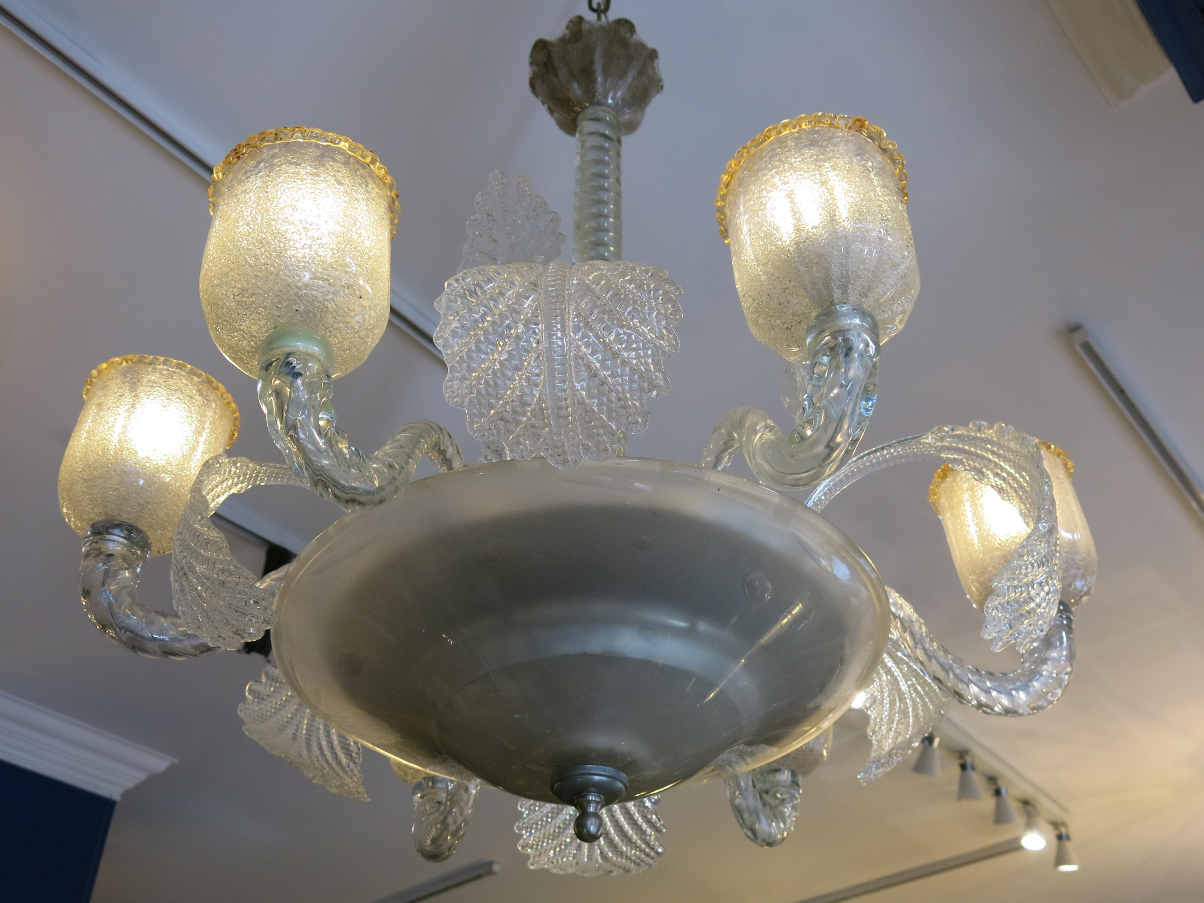 Vintage Six Light Murano Glass Chandelier in Clear and Gold Lampshades, 1960s 1