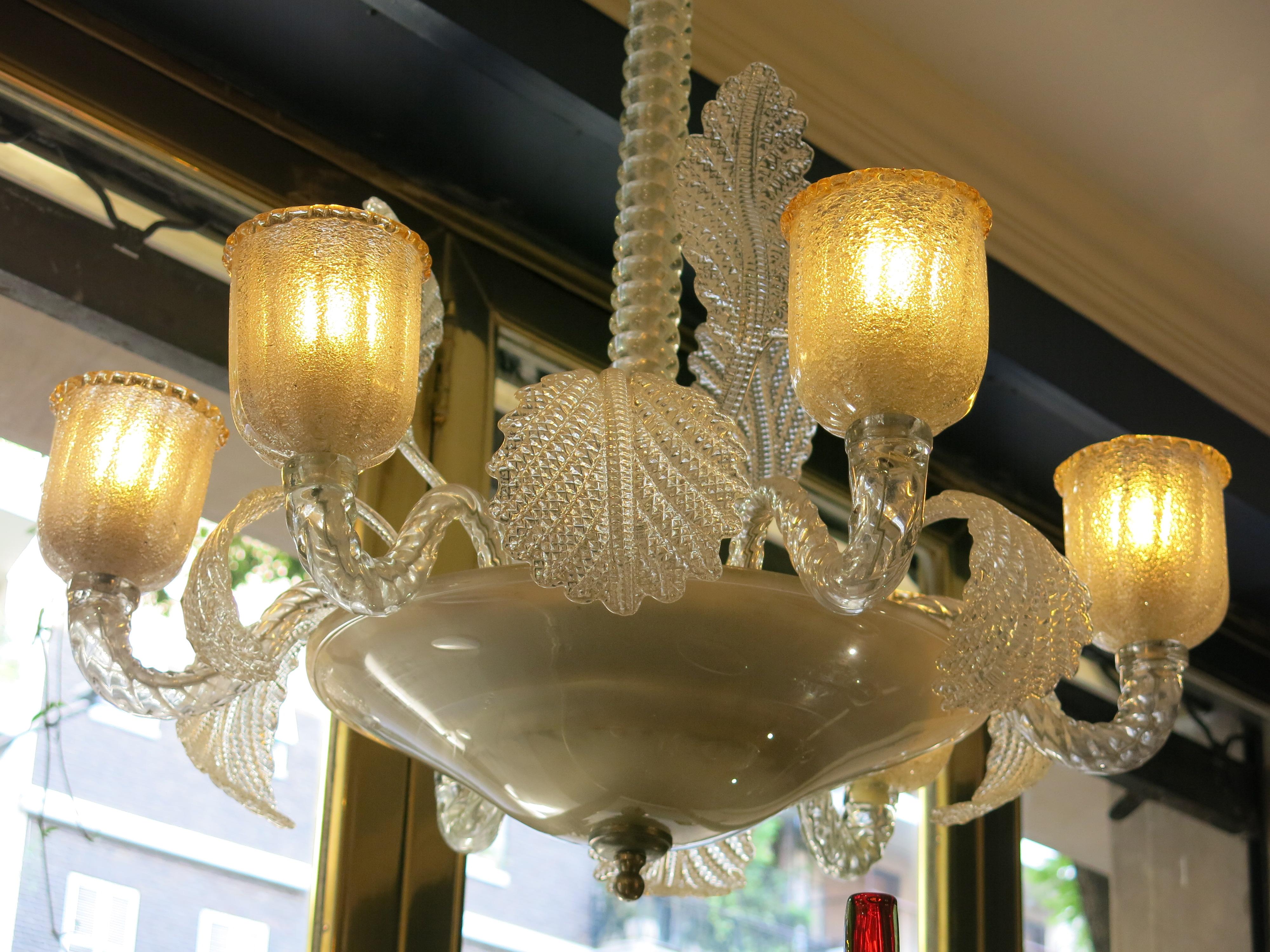 Vintage Six Light Murano Glass Chandelier in Clear and Gold Lampshades, 1960s 2