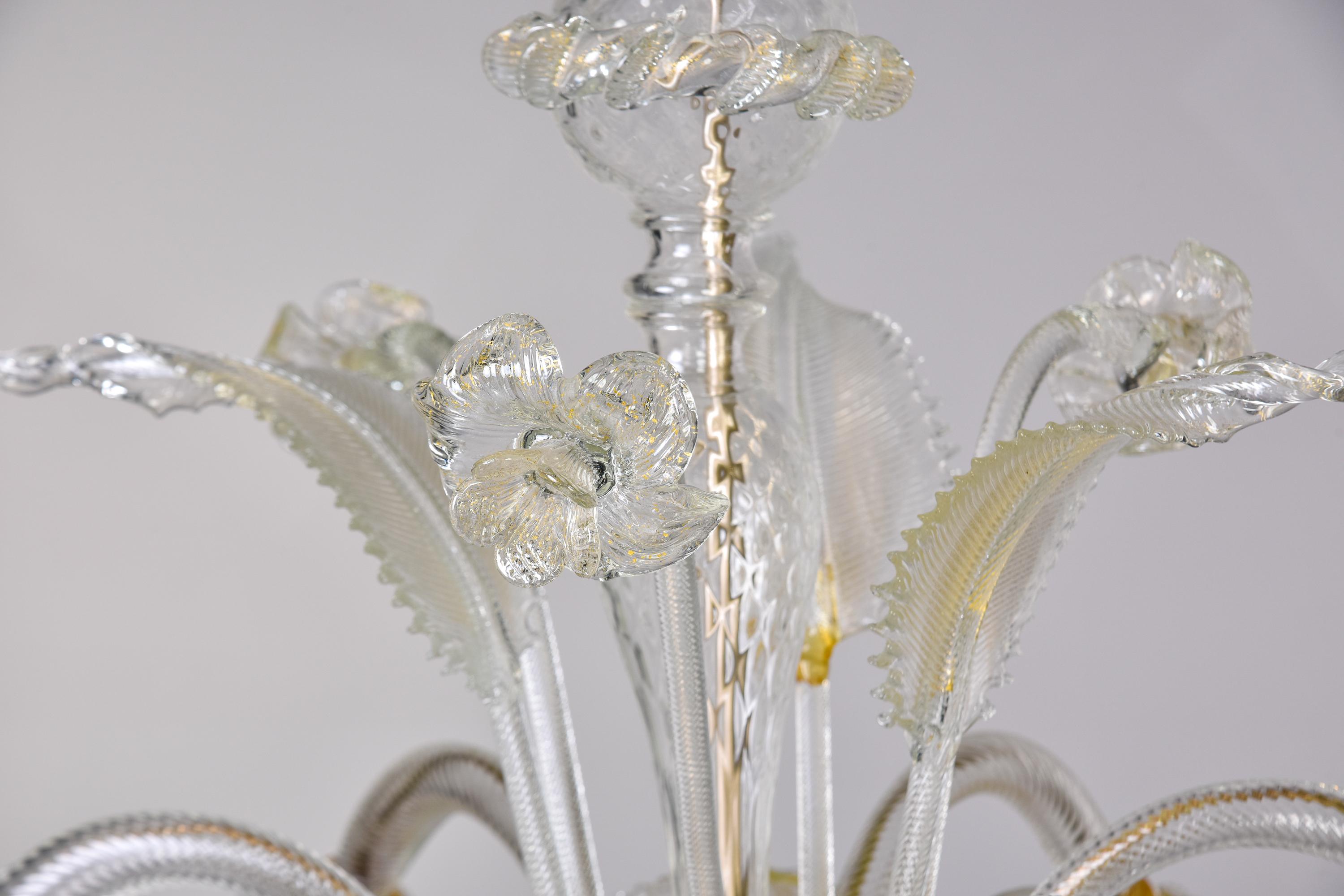 Vintage Six Light Murano Glass Chandelier in Clear with Gold Inclusions 5