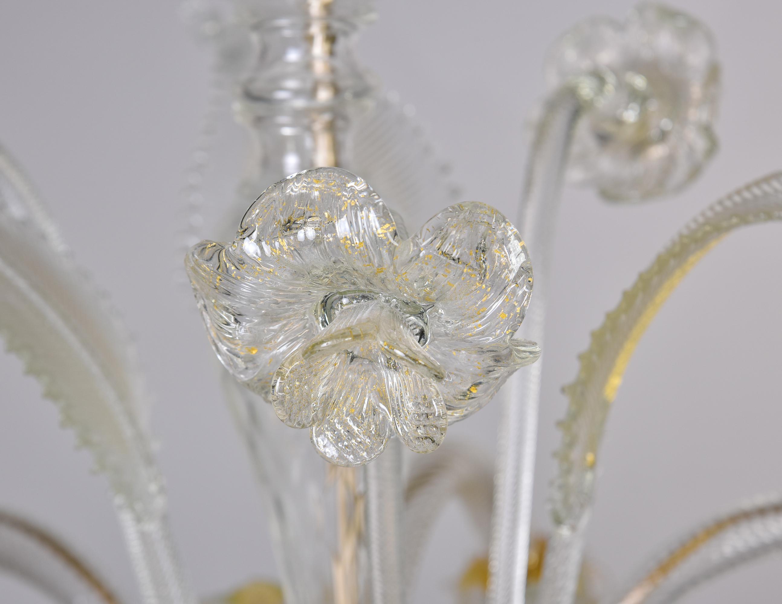 Vintage Six Light Murano Glass Chandelier in Clear with Gold Inclusions 6