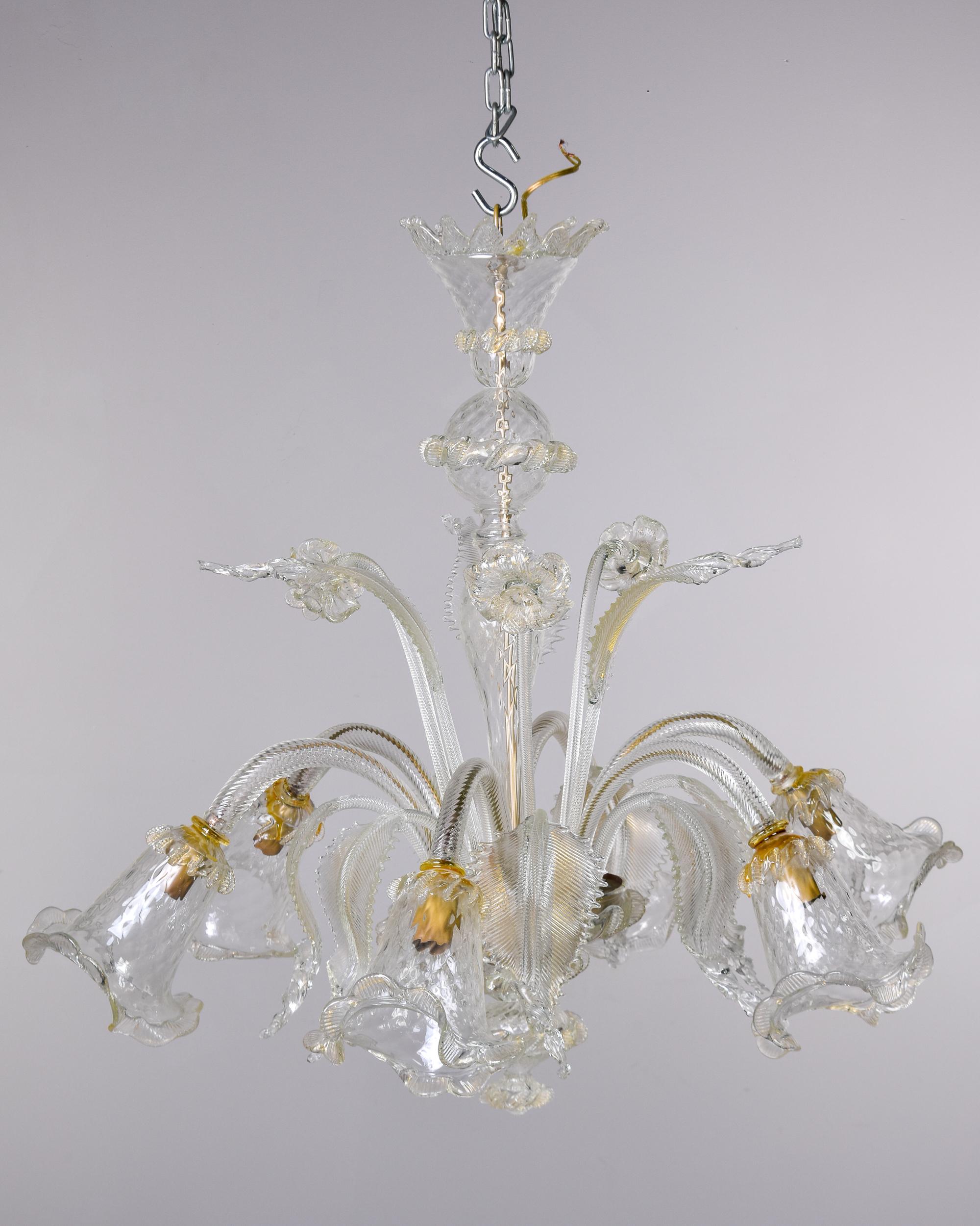 Mid-Century Modern Vintage Six Light Murano Glass Chandelier in Clear with Gold Inclusions