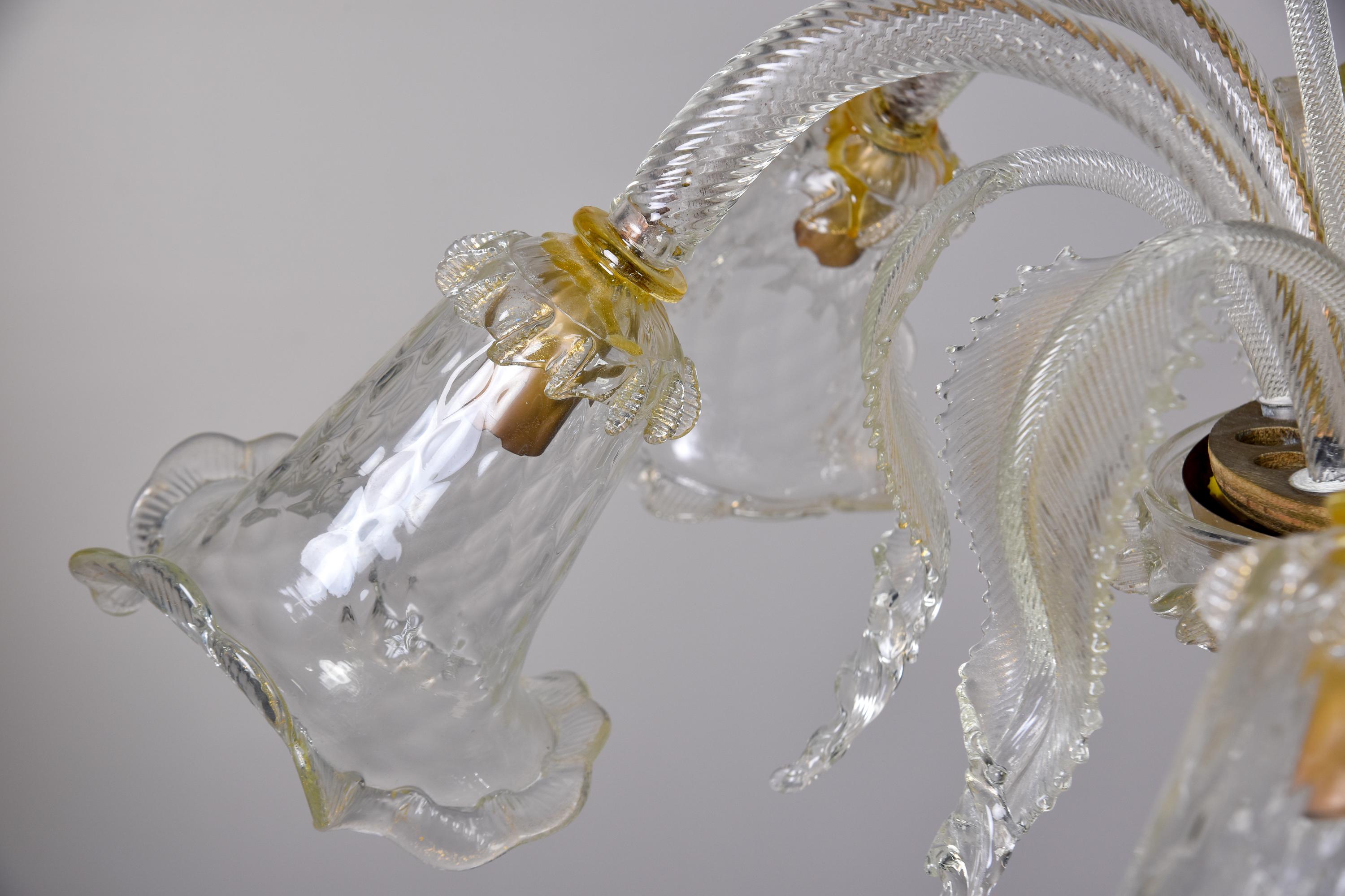 20th Century Vintage Six Light Murano Glass Chandelier in Clear with Gold Inclusions
