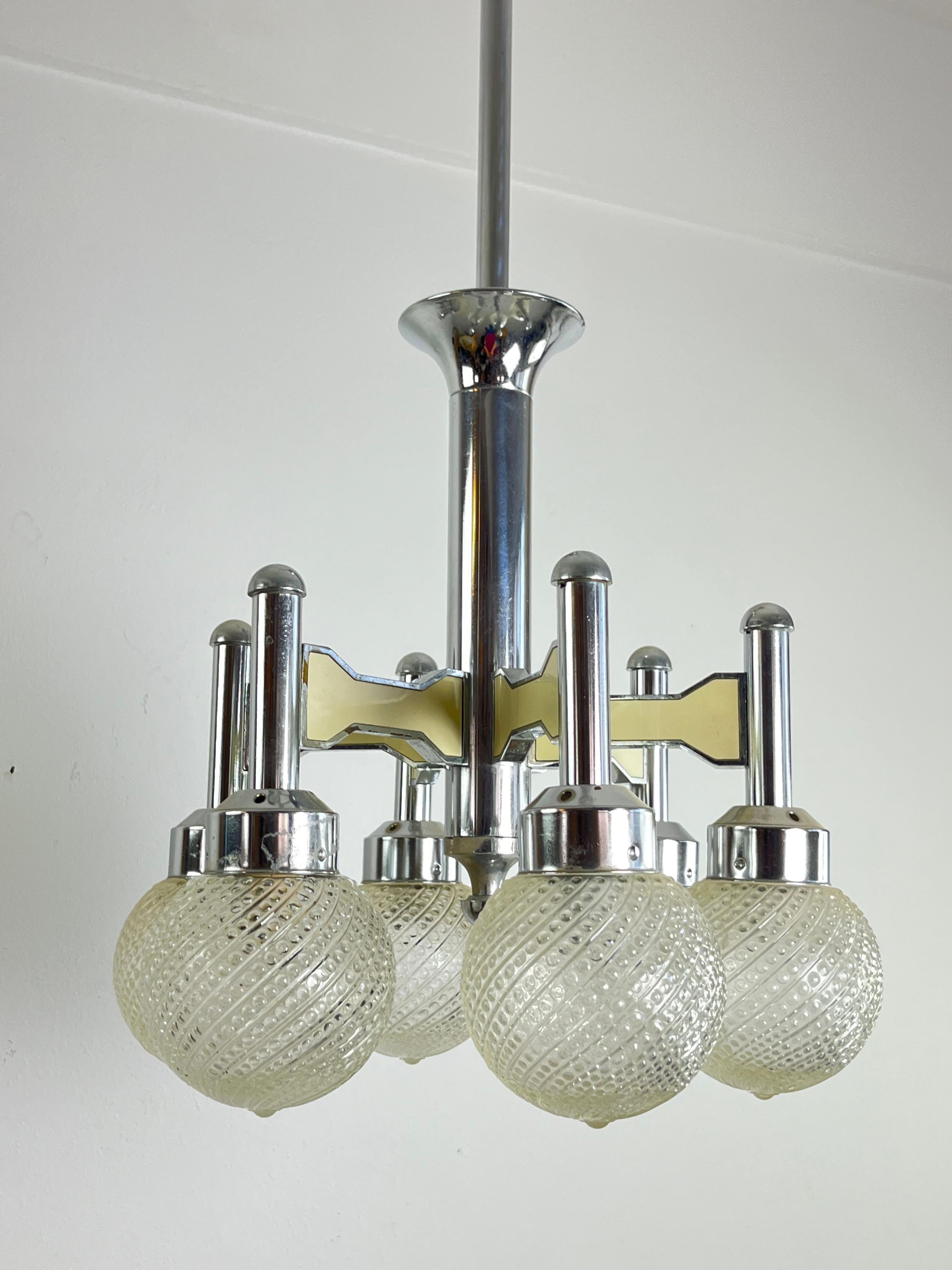 Italian Vintage Six-Light Steel And Murano Glass Chandelier Attributed To L. Frigerio For Sale
