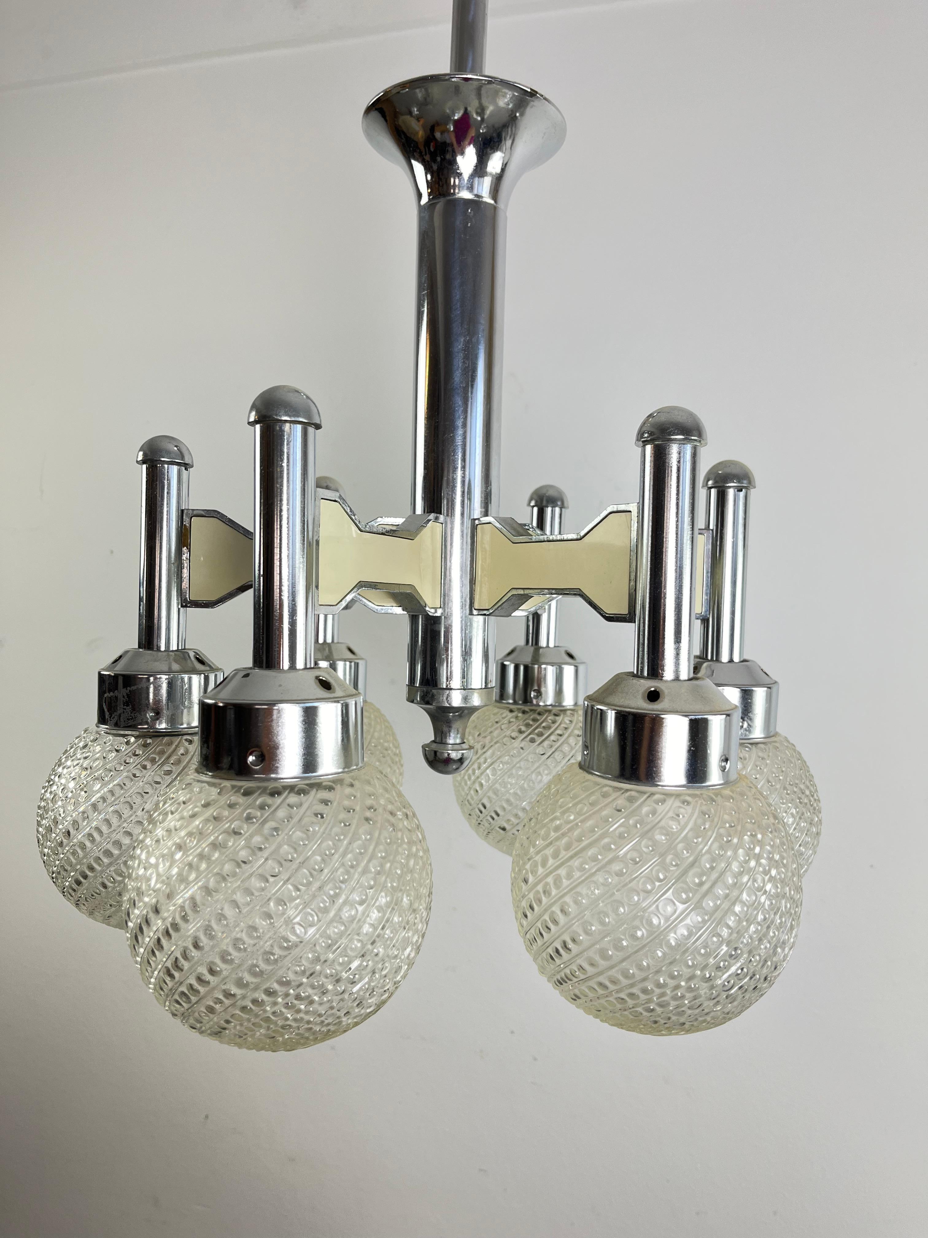 Vintage Six-Light Steel And Murano Glass Chandelier Attributed To L. Frigerio For Sale 2