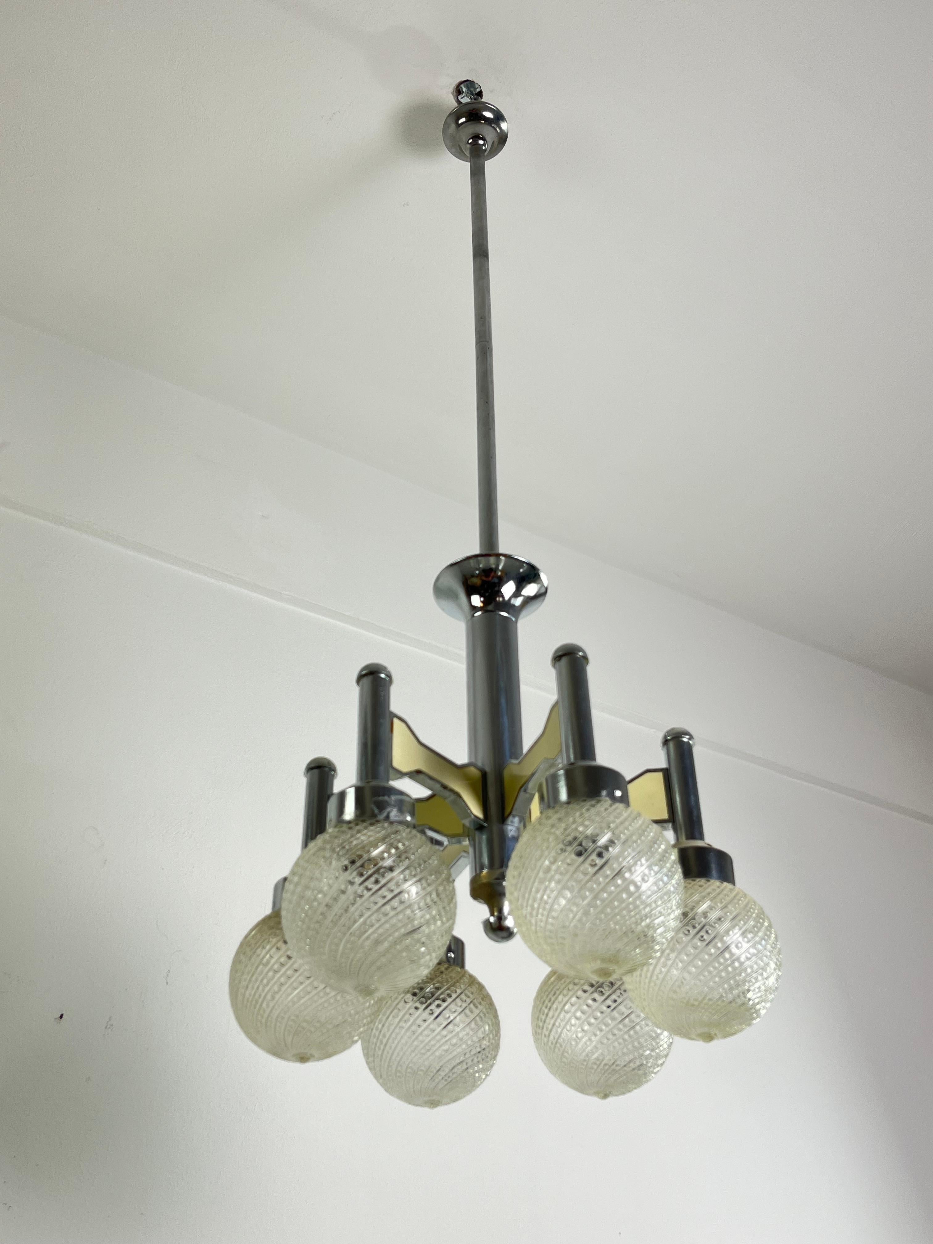 Vintage Six-Light Steel And Murano Glass Chandelier Attributed To L. Frigerio For Sale 3