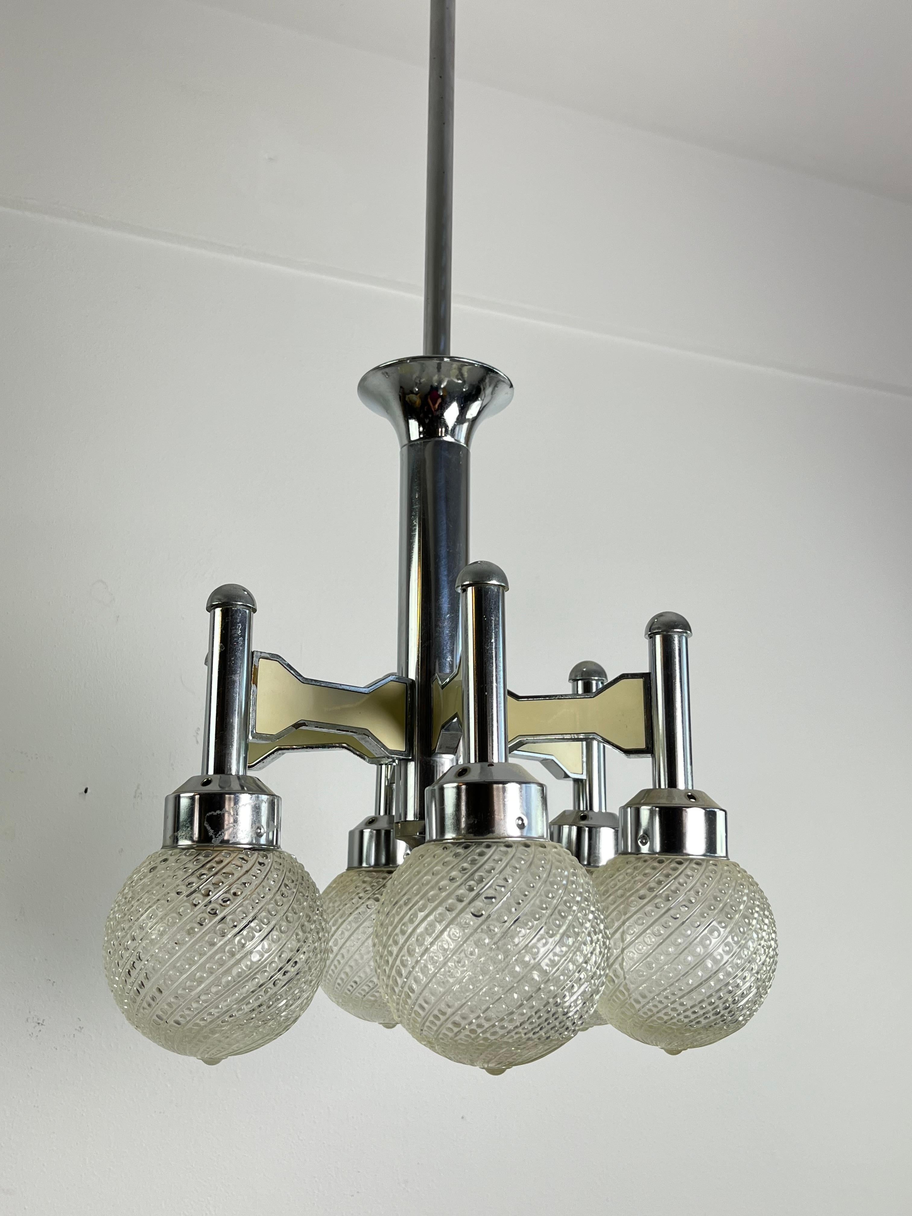 Vintage Six-Light Steel And Murano Glass Chandelier Attributed To L. Frigerio For Sale 4