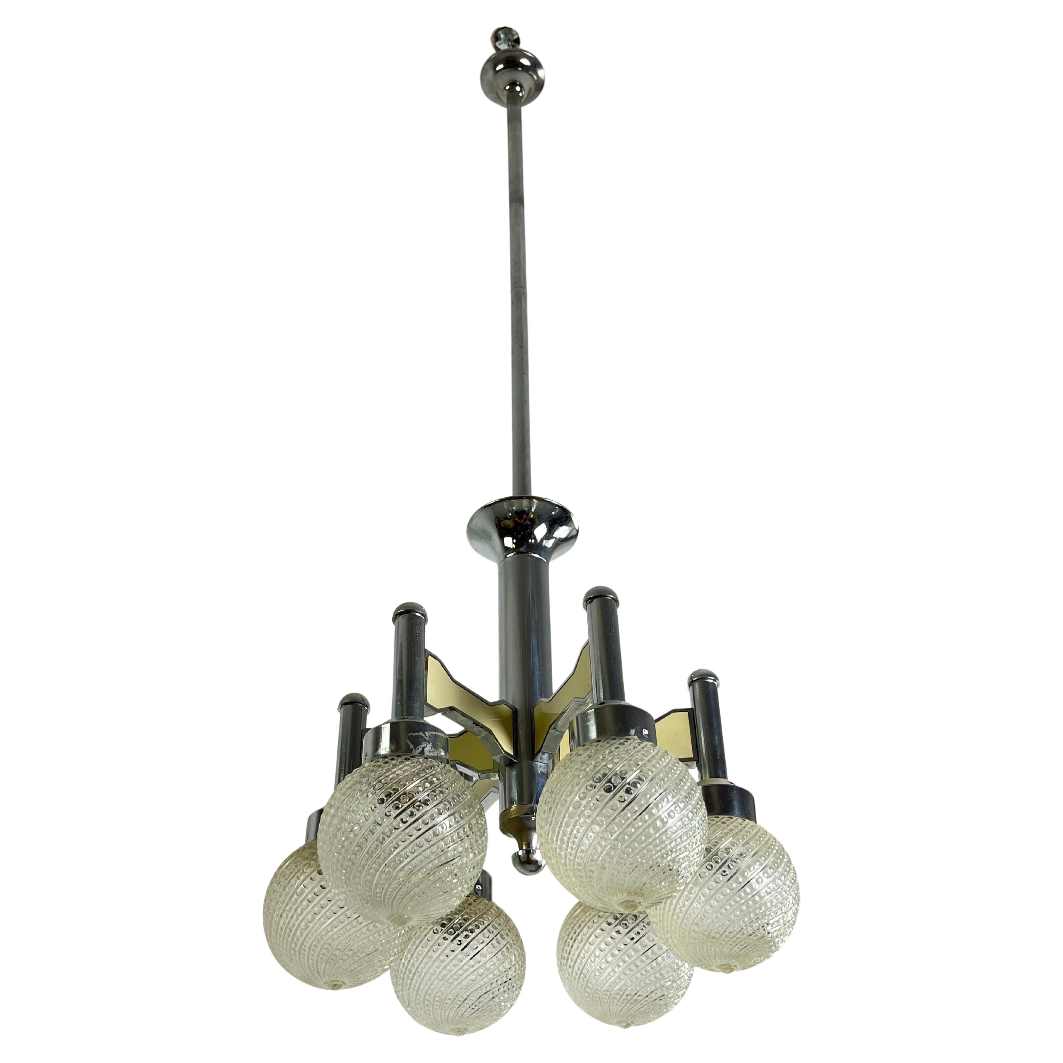 Vintage Six-Light Steel And Murano Glass Chandelier Attributed To L. Frigerio