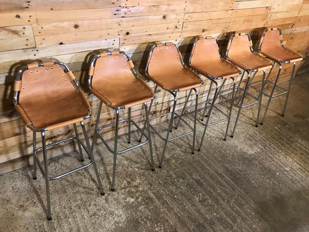 Mid-Century Modern Vintage cognac colour Leather Stools Selected by Charlotte Perriand for Les Arcs