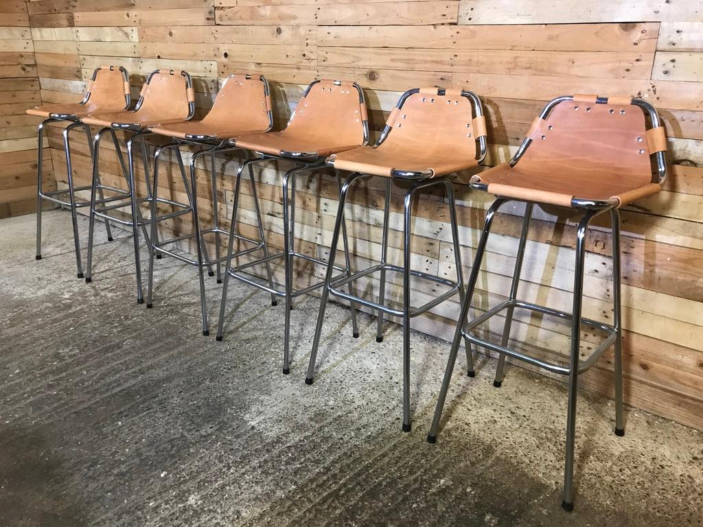 French Vintage cognac colour Leather Stools Selected by Charlotte Perriand for Les Arcs