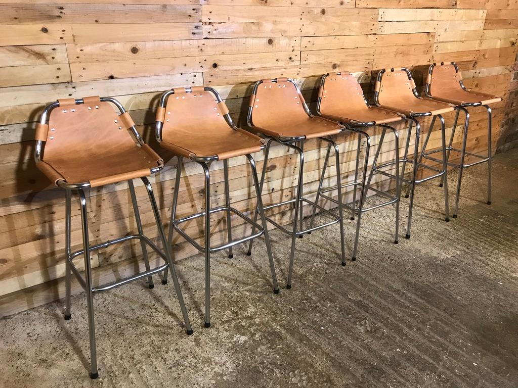 Metal Vintage cognac colour Leather Stools Selected by Charlotte Perriand for Les Arcs