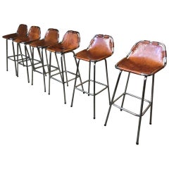 Vintage Six Original Leather Selected by Charlotte Perriand Stools for Les Arcs