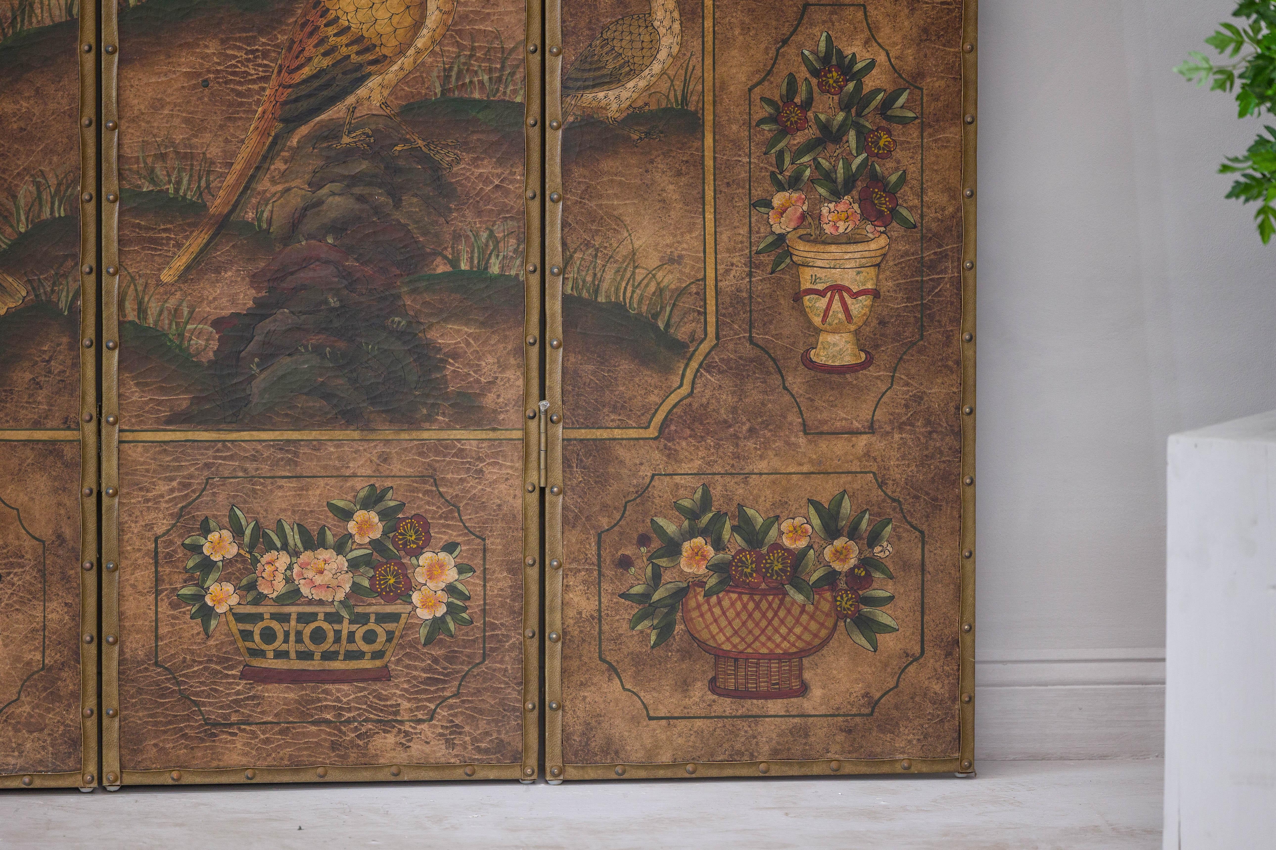 Vintage Six-Panel Leather Screen with Birds, Flowers, and Roosters For Sale 5