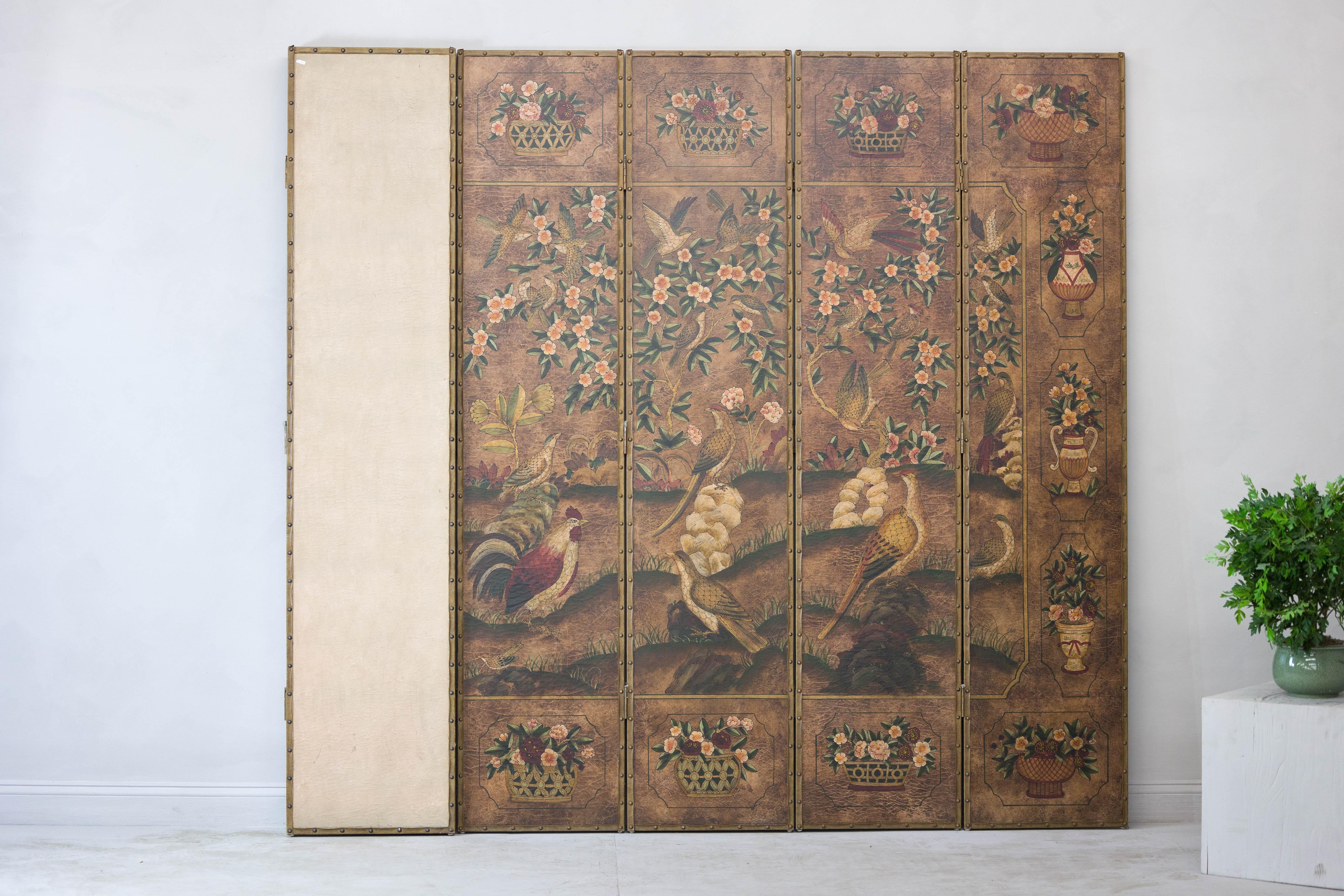 Vintage Six-Panel Leather Screen with Birds, Flowers, and Roosters For Sale 6