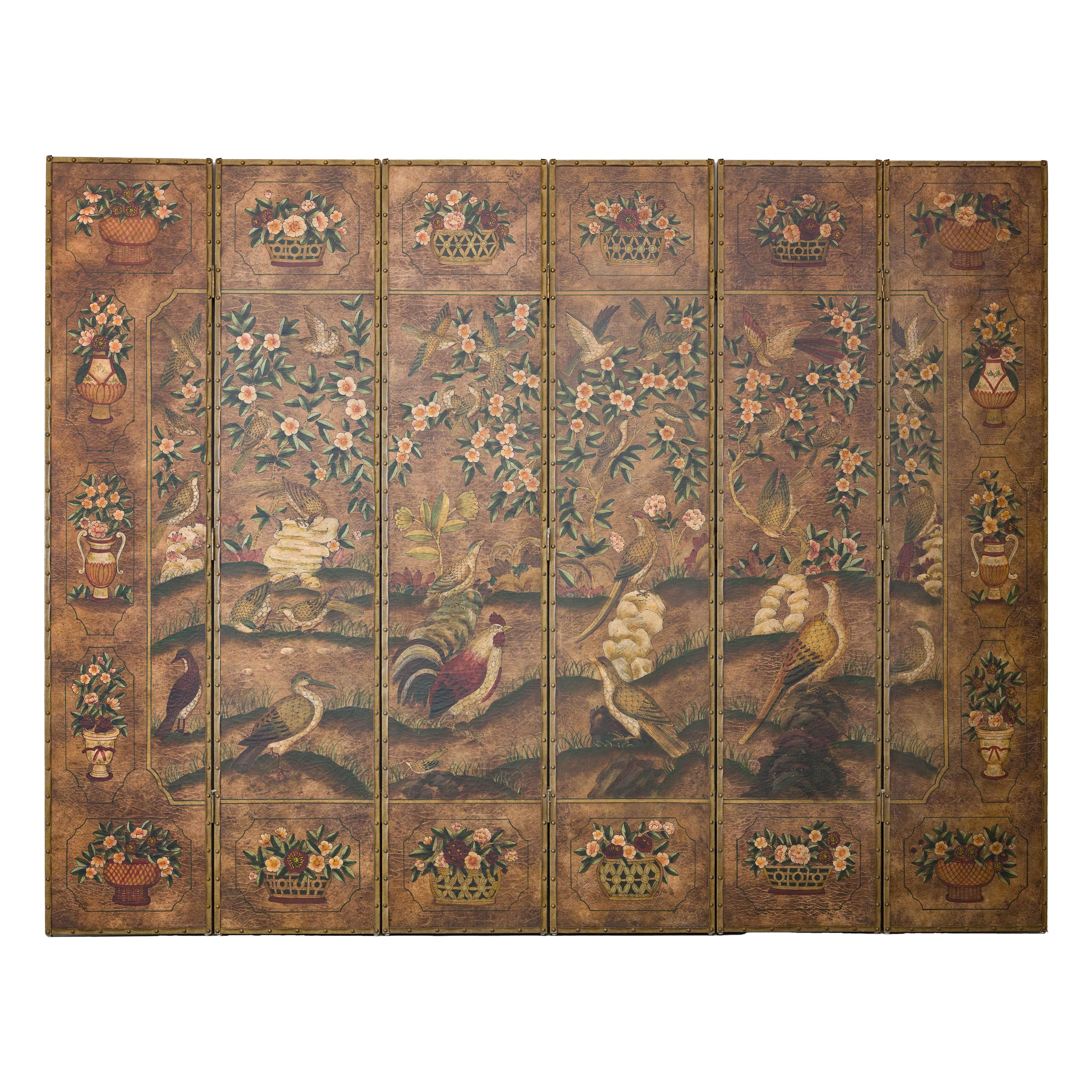Vintage Six-Panel Leather Screen with Birds, Flowers, and Roosters For Sale 7