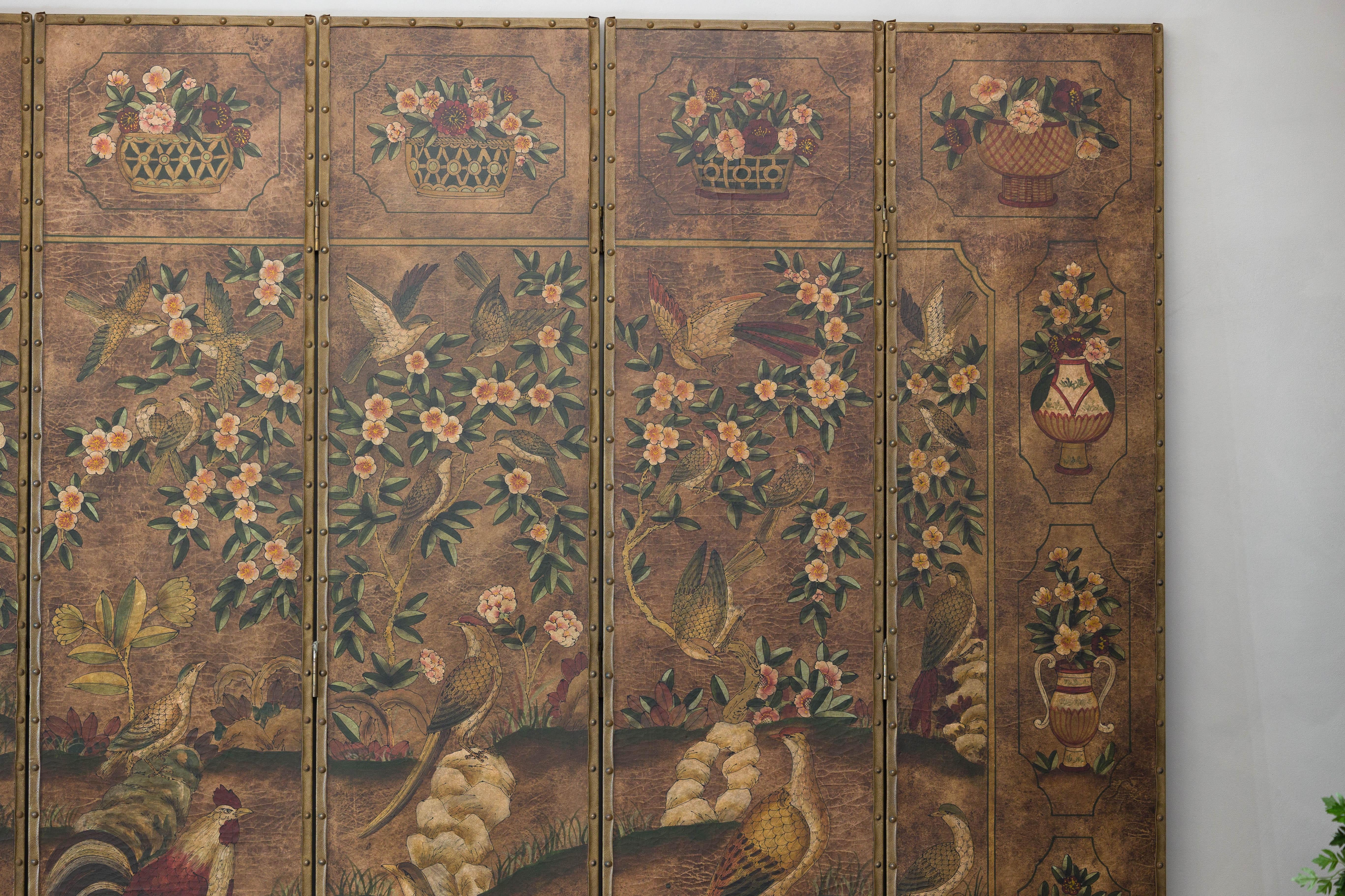 Chinese Vintage Six-Panel Leather Screen with Birds, Flowers, and Roosters For Sale