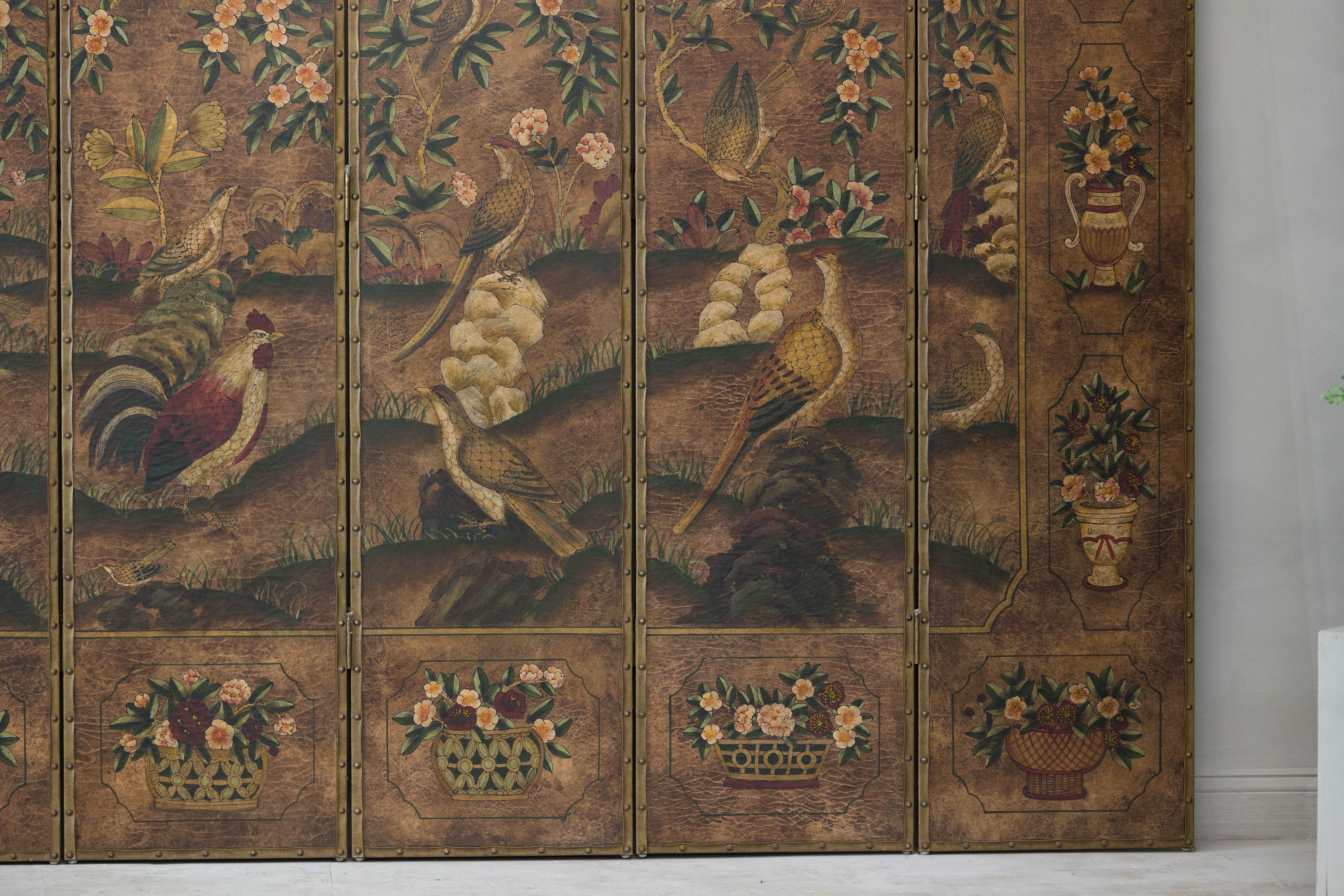 Hand-Painted Vintage Six-Panel Leather Screen with Birds, Flowers, and Roosters For Sale