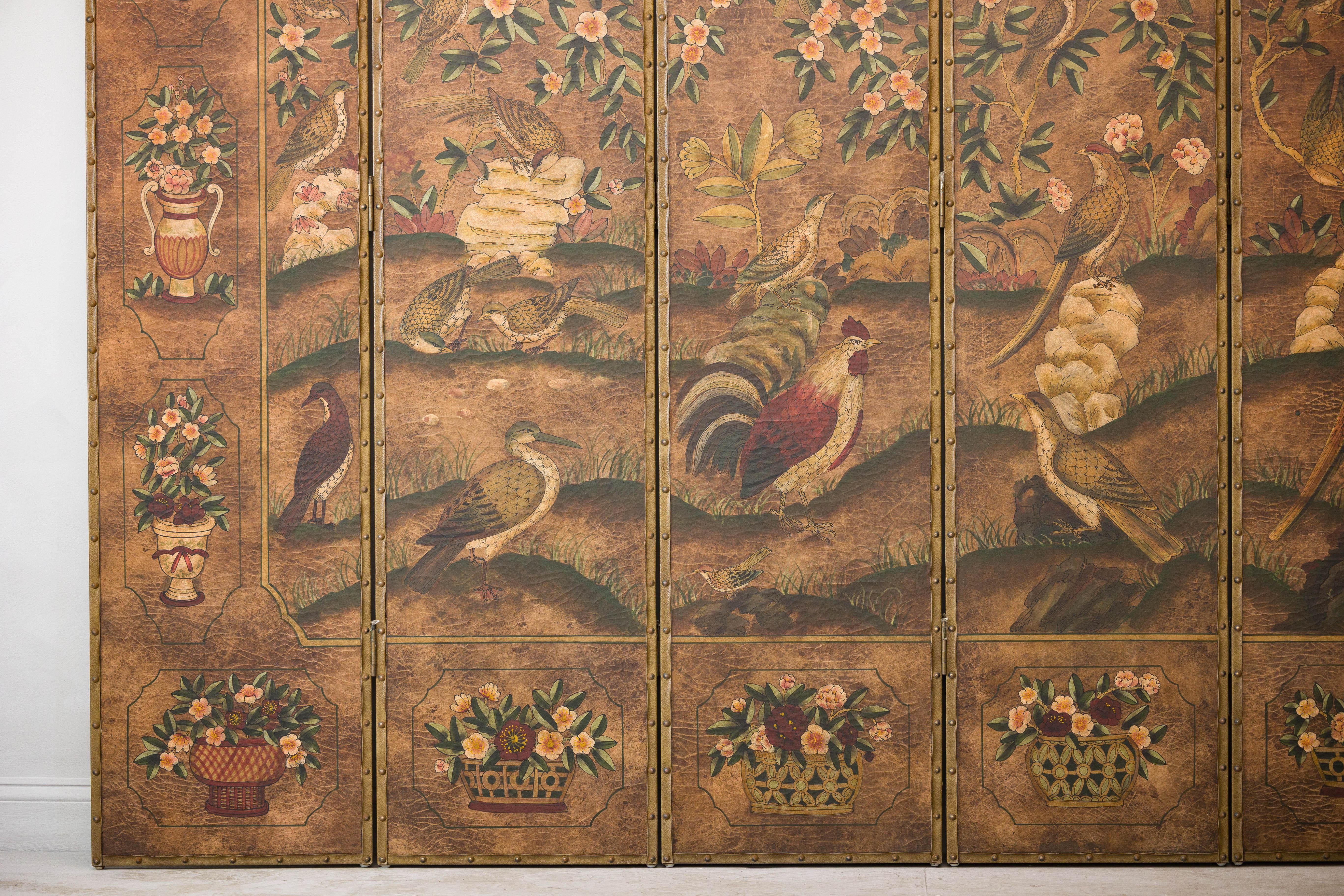 Vintage Six-Panel Leather Screen with Birds, Flowers, and Roosters In Good Condition For Sale In Yonkers, NY