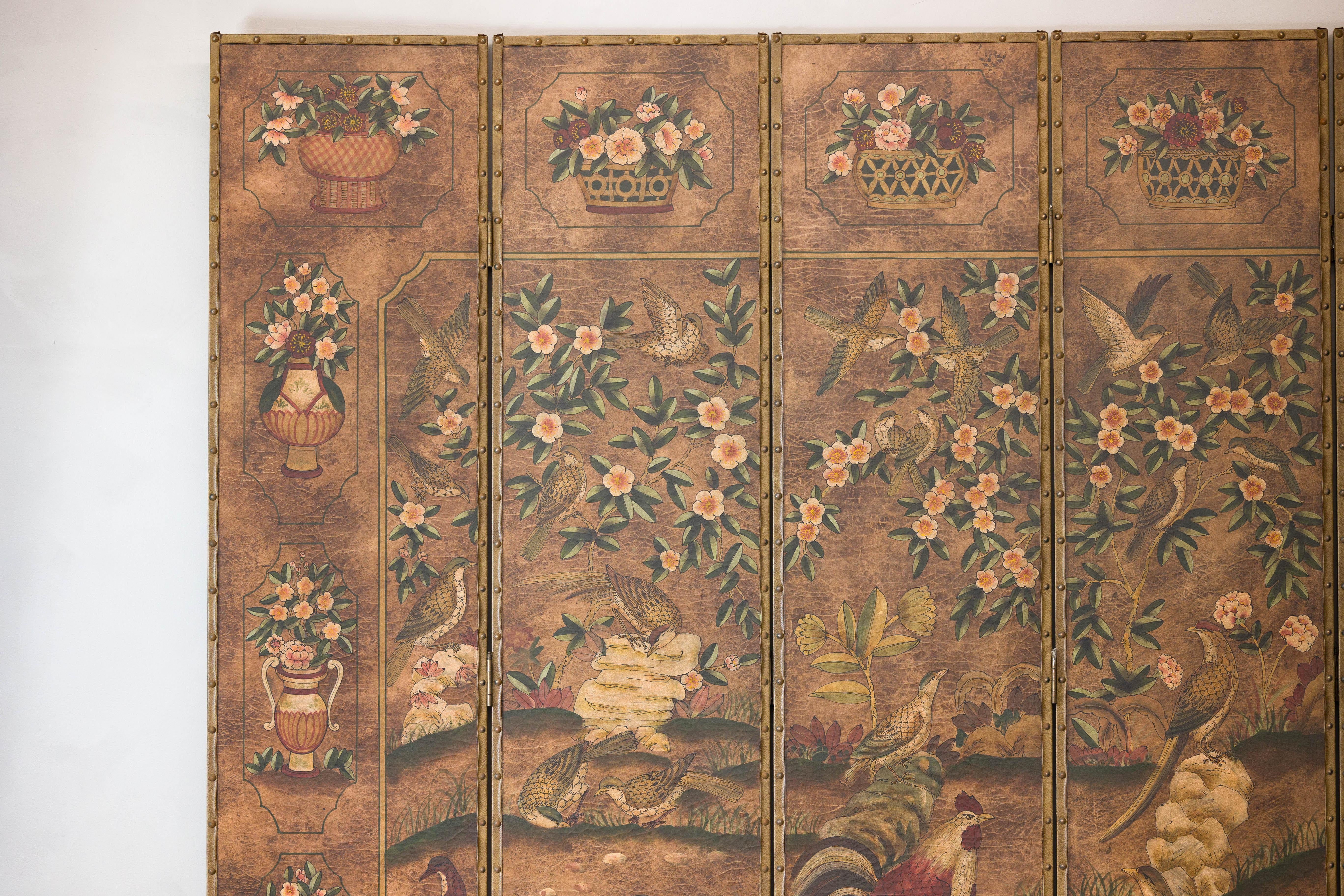 20th Century Vintage Six-Panel Leather Screen with Birds, Flowers, and Roosters For Sale