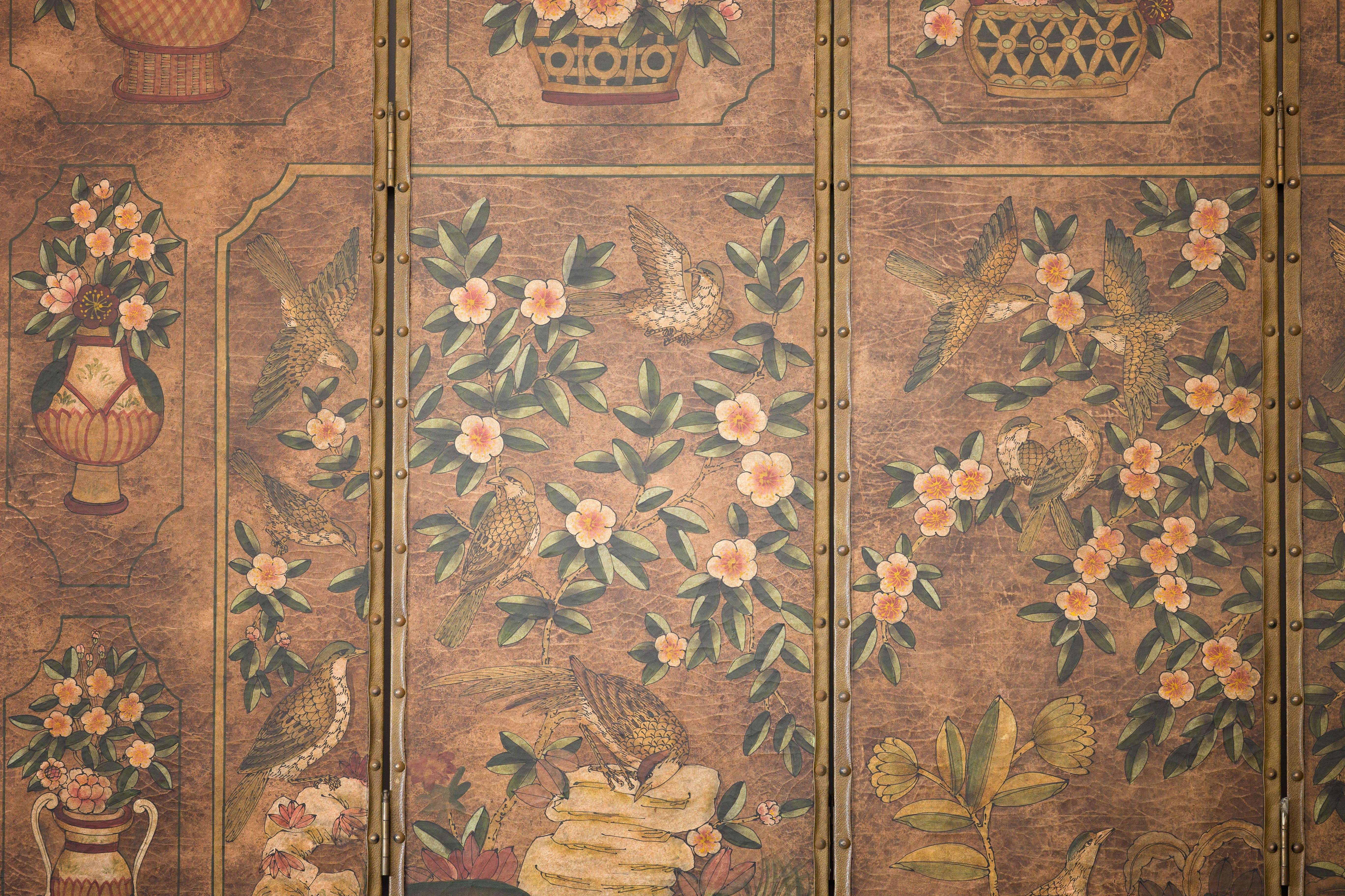 Vintage Six-Panel Leather Screen with Birds, Flowers, and Roosters For Sale 1