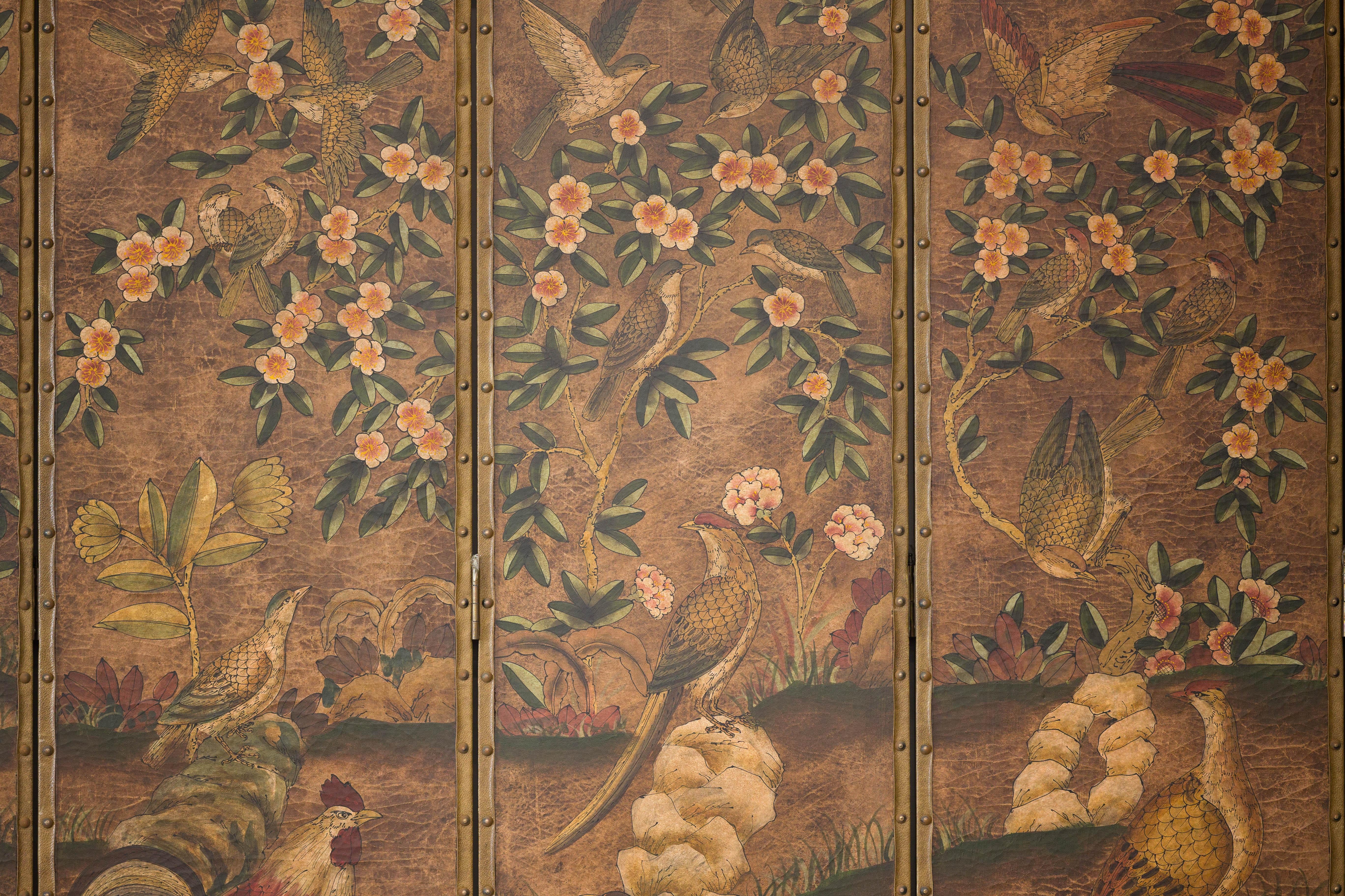 Vintage Six-Panel Leather Screen with Birds, Flowers, and Roosters For Sale 2