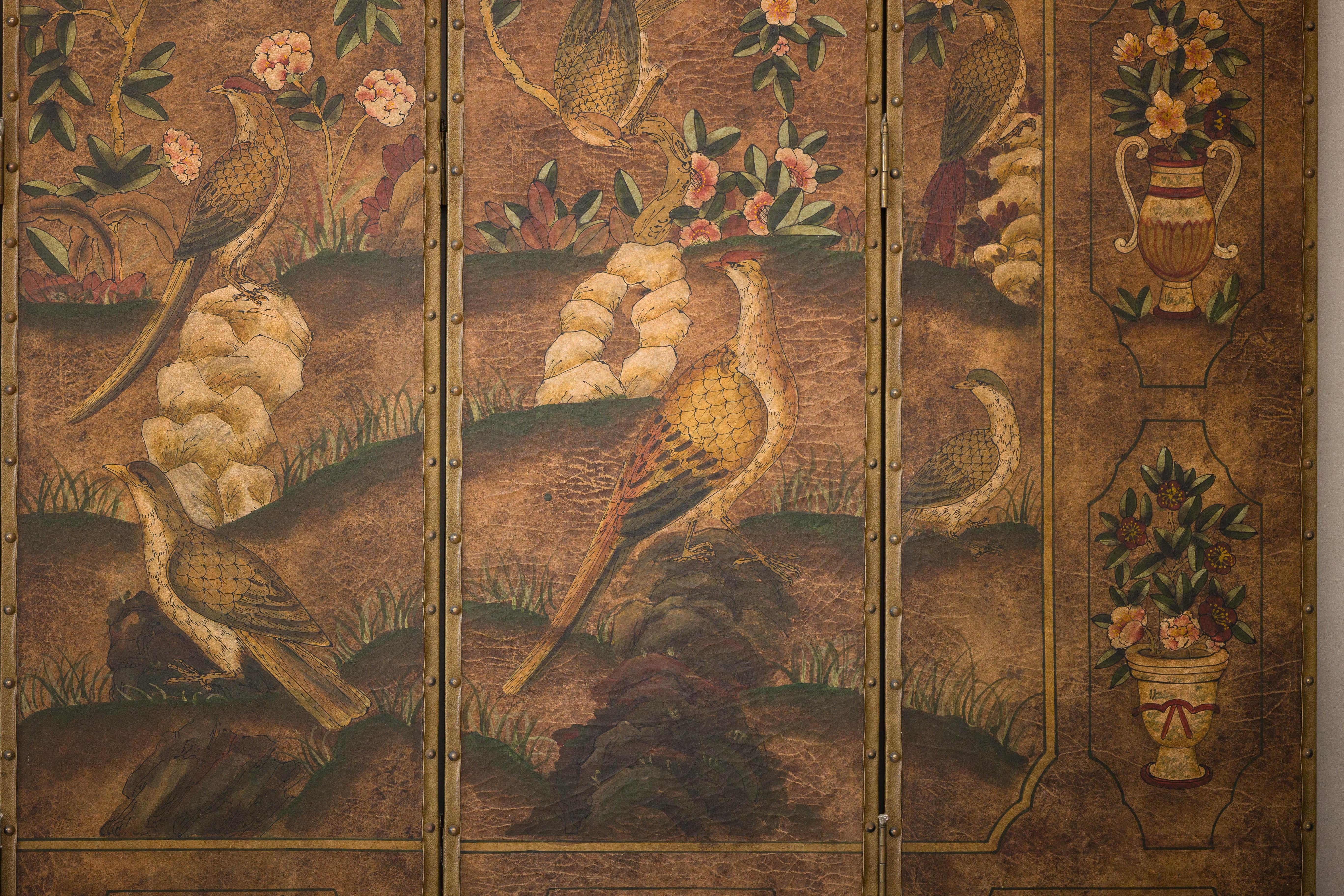 Vintage Six-Panel Leather Screen with Birds, Flowers, and Roosters For Sale 3