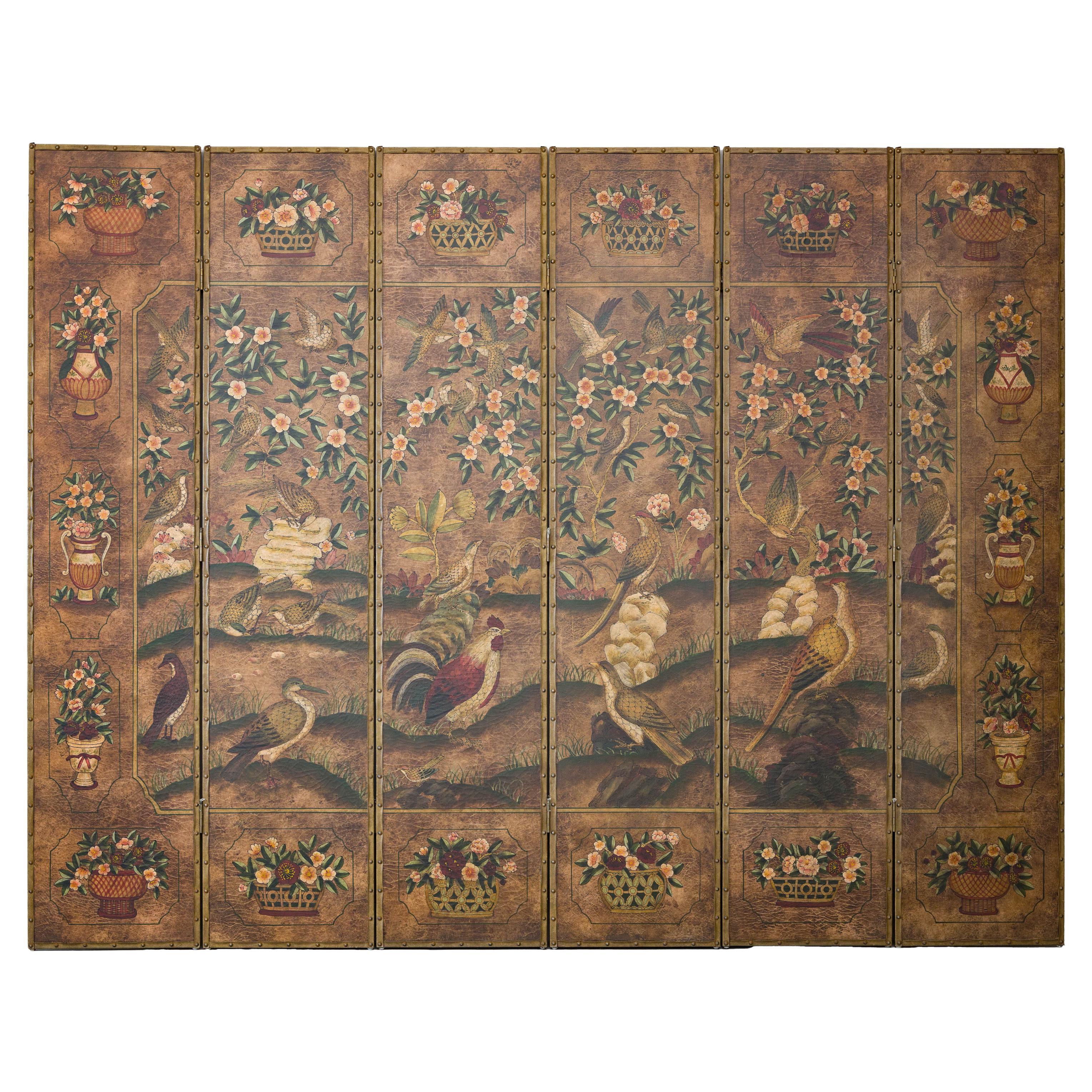 Vintage Six-Panel Leather Screen with Birds, Flowers, and Roosters