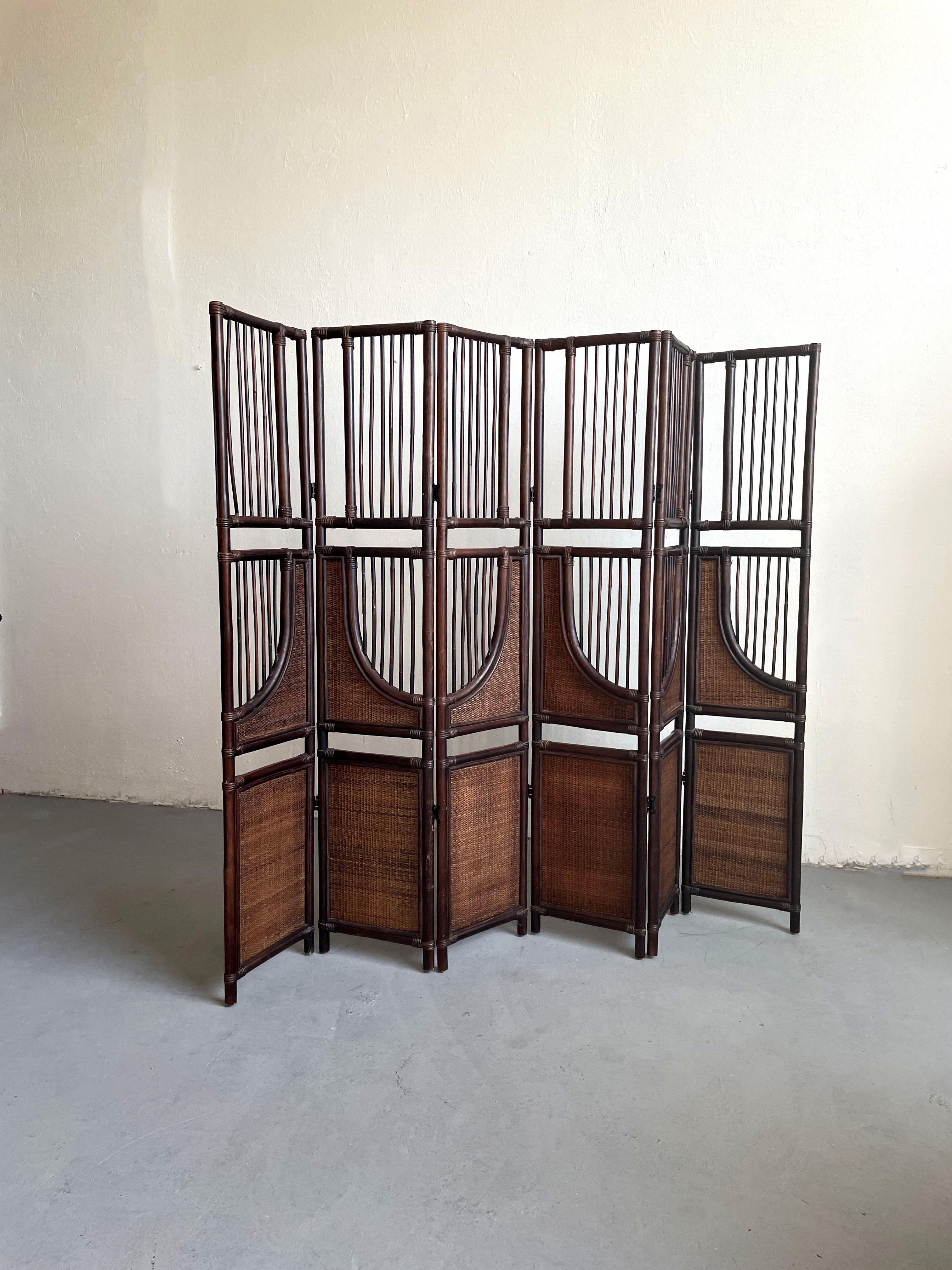 Vintage Six Panel Tinted Bamboo and Rattan Screen Room Divider For Sale 3