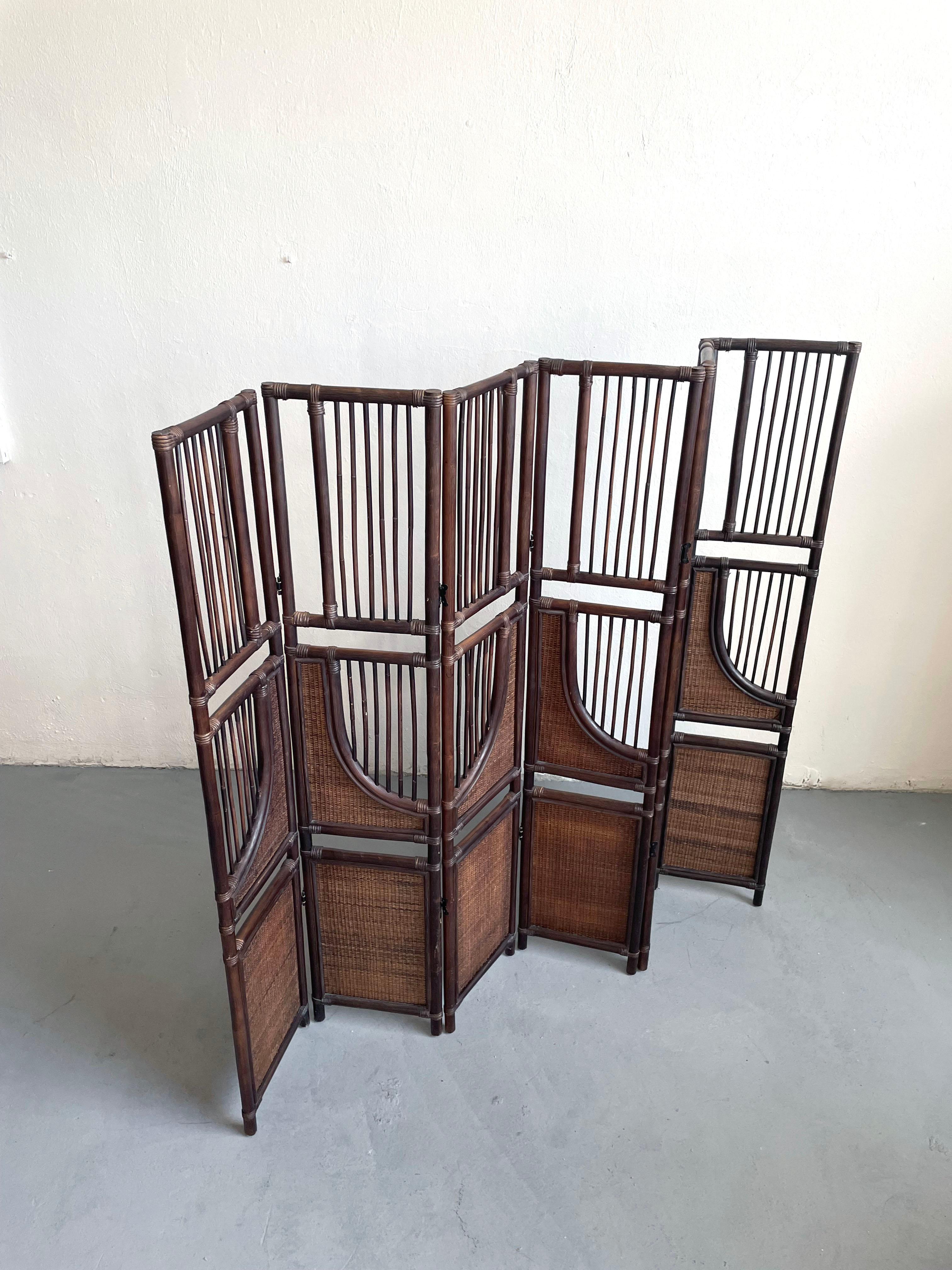 Vintage-Raumteiler aus getöntem Bambus und Rattan mit sechs Tafeln im Angebot 6