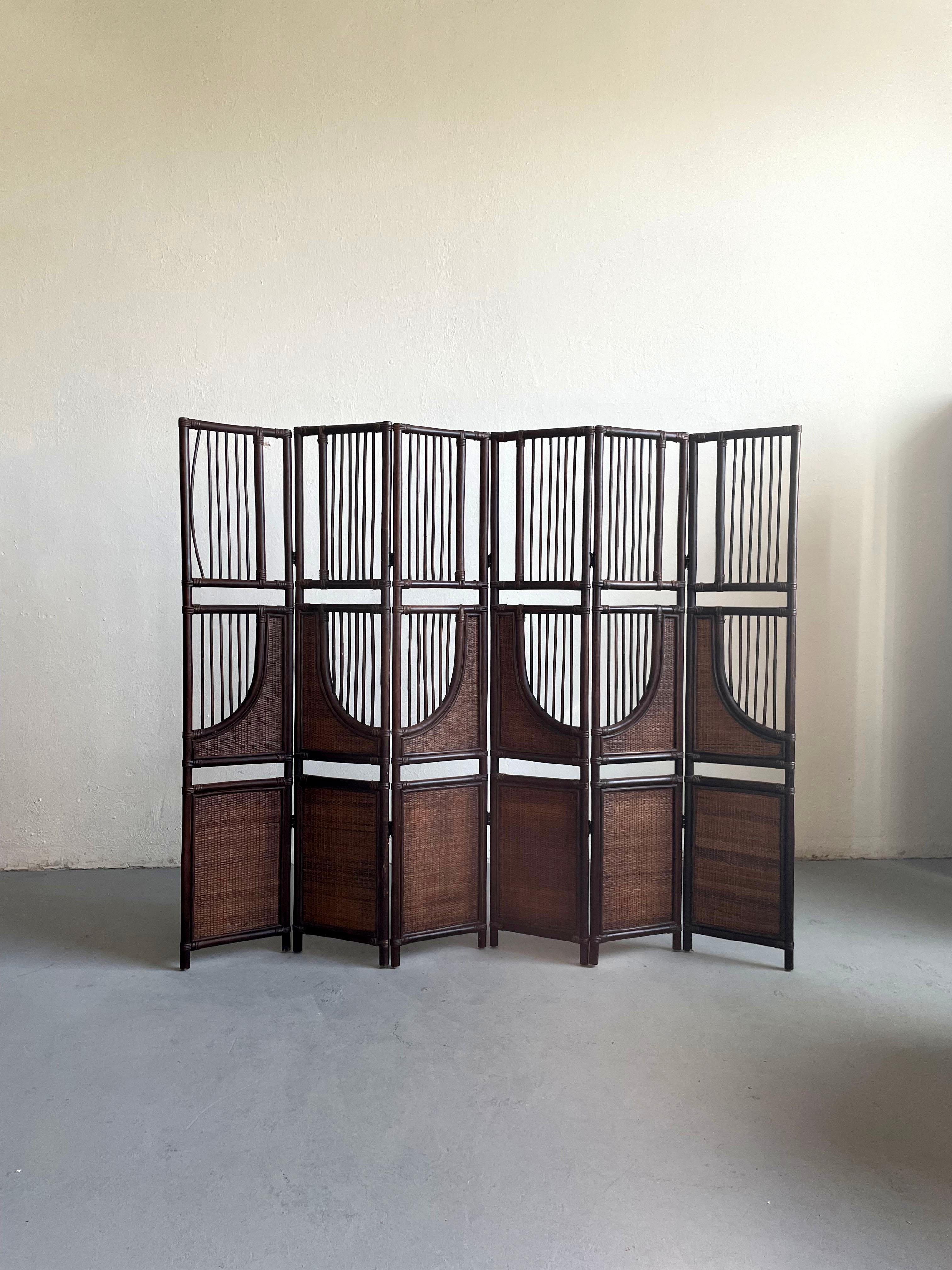 Vintage Six Panel Tinted Bamboo and Rattan Screen Room Divider For Sale 5