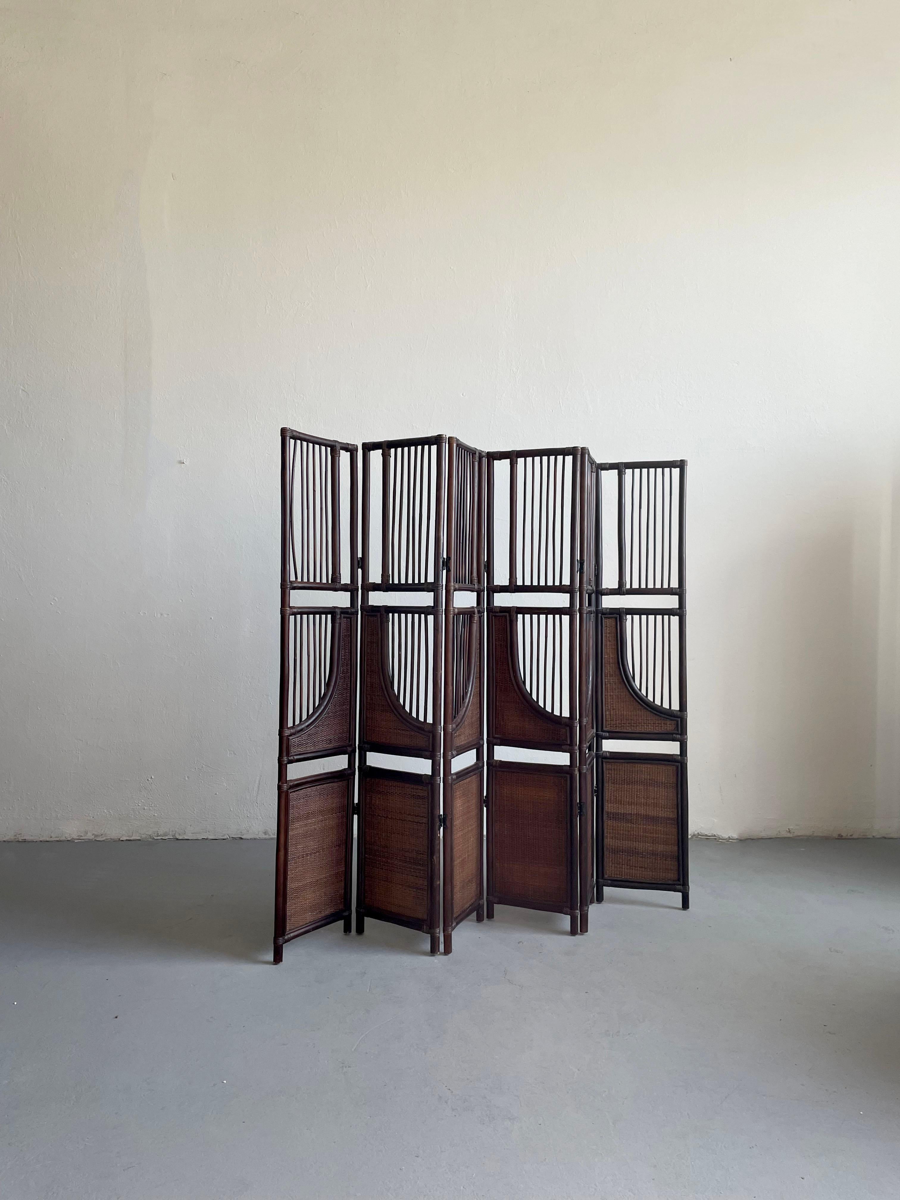 Vintage-Raumteiler aus getöntem Bambus und Rattan mit sechs Tafeln (Böhmisch) im Angebot