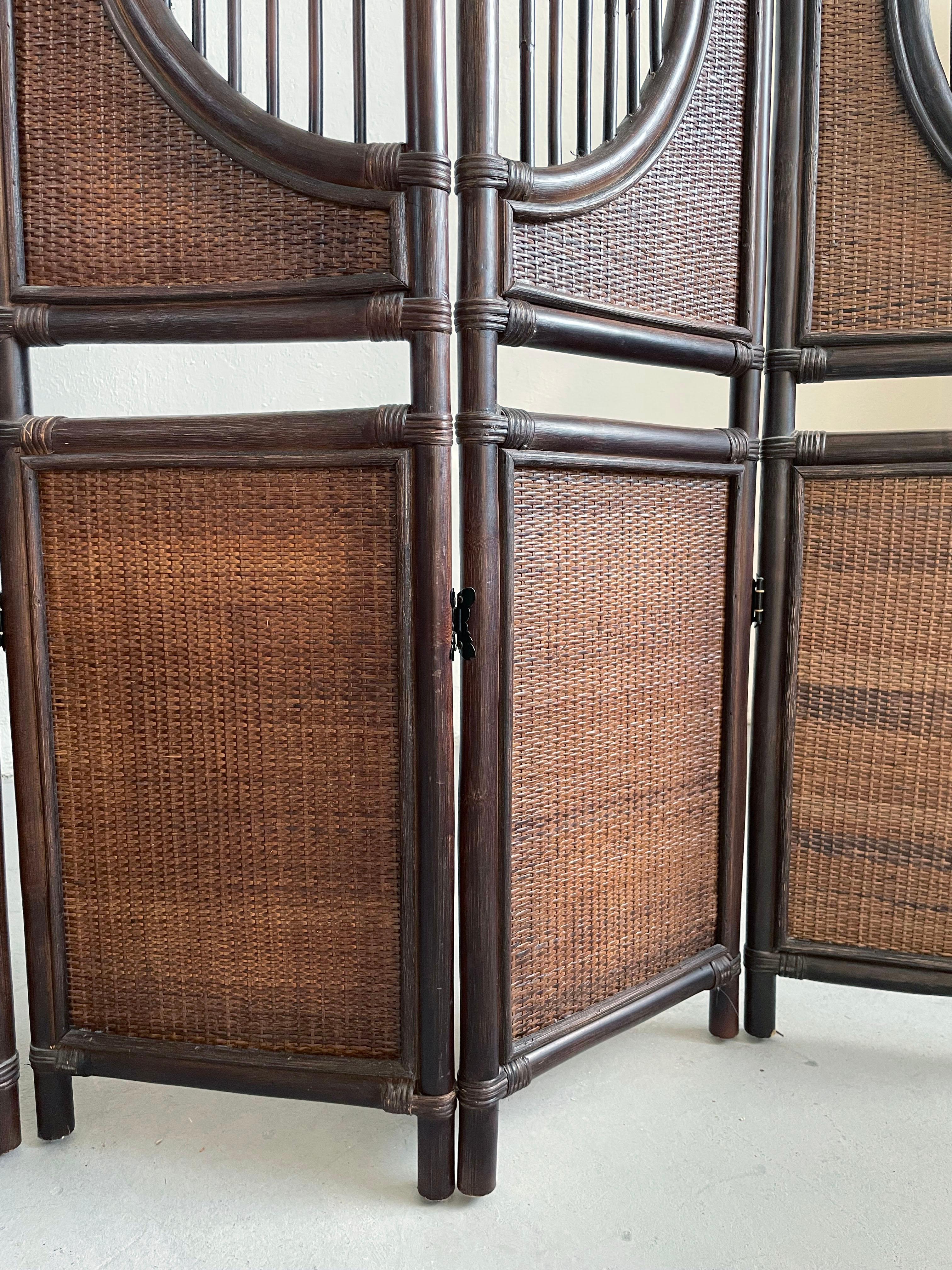 Bohemian Vintage Six Panel Tinted Bamboo and Rattan Screen Room Divider For Sale