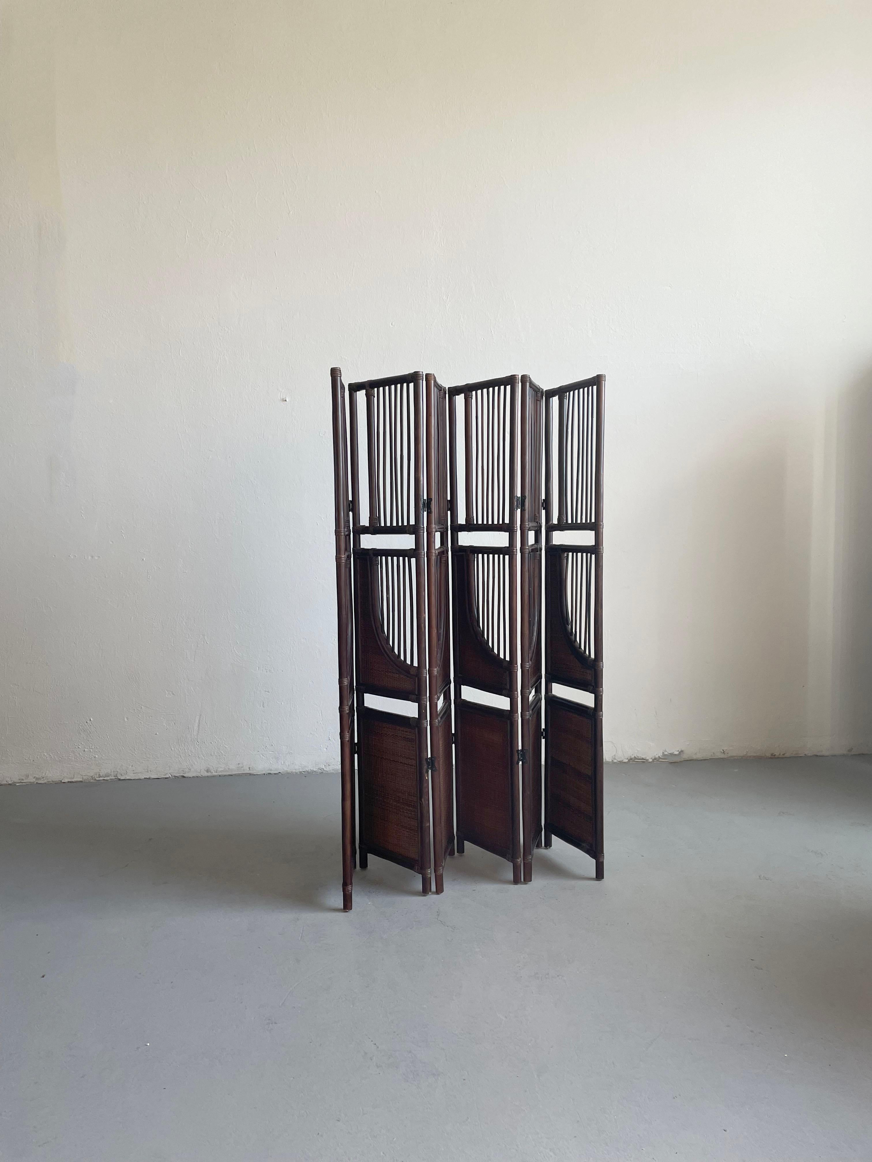 Vintage-Raumteiler aus getöntem Bambus und Rattan mit sechs Tafeln im Angebot 1