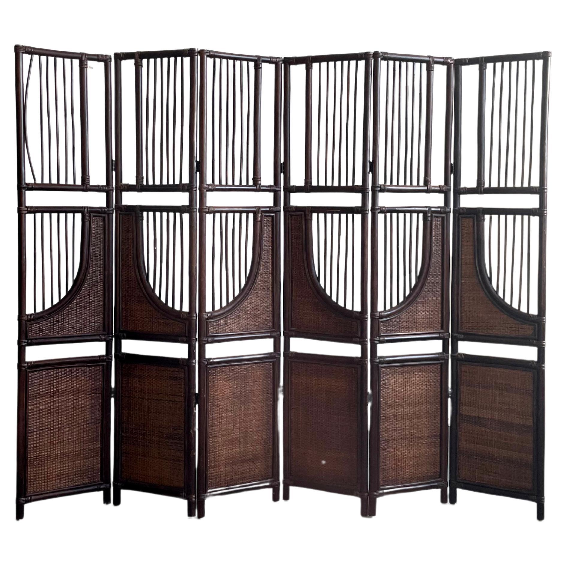 Vintage Six Panel Tinted Bamboo and Rattan Screen Room Divider