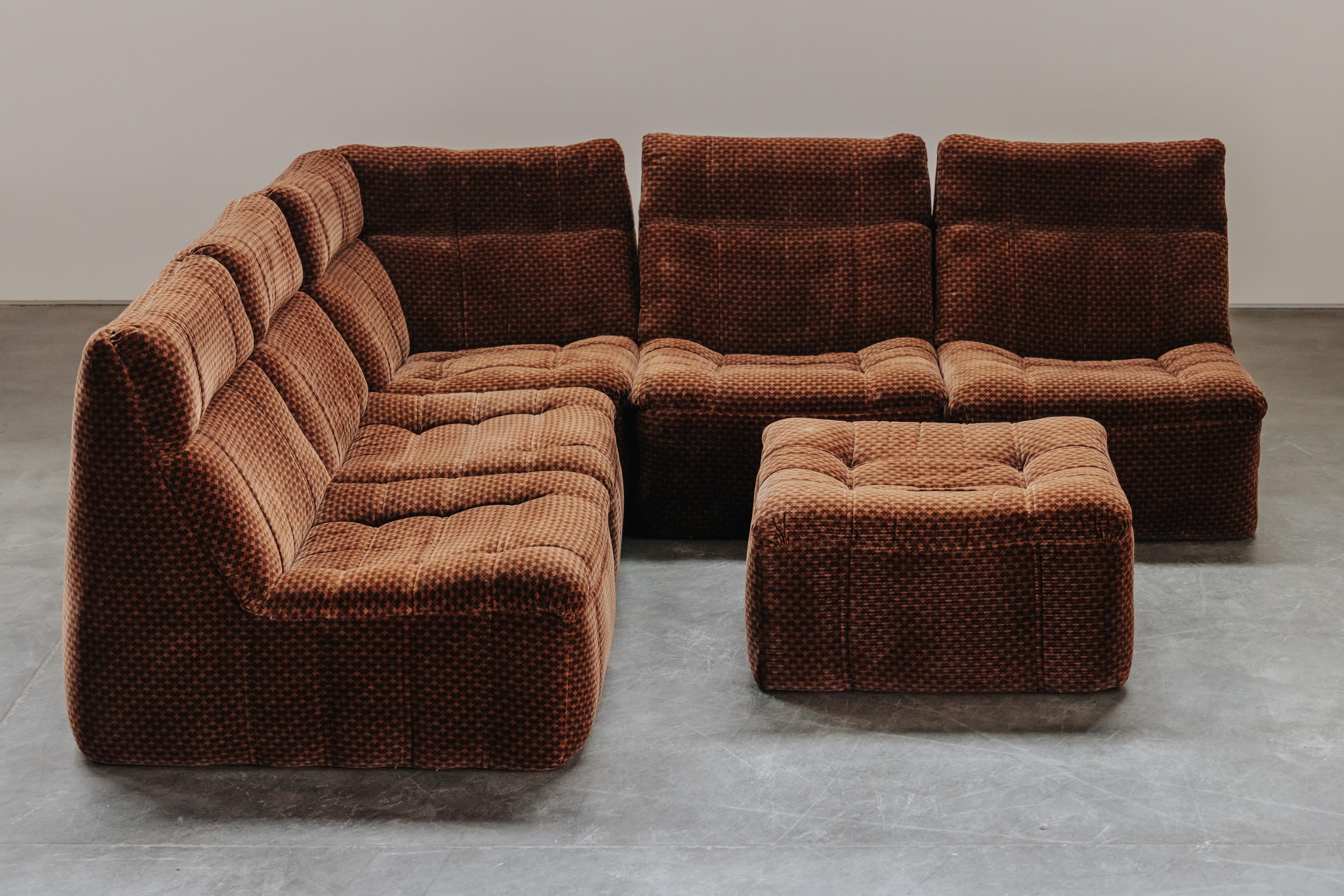 Vintage Six Piece Modular Sofa From France, Circa 1970.  Very comfortable model with original patterned velvet upholstery.  Individual modules that can be placed as you wish.  Great condition.