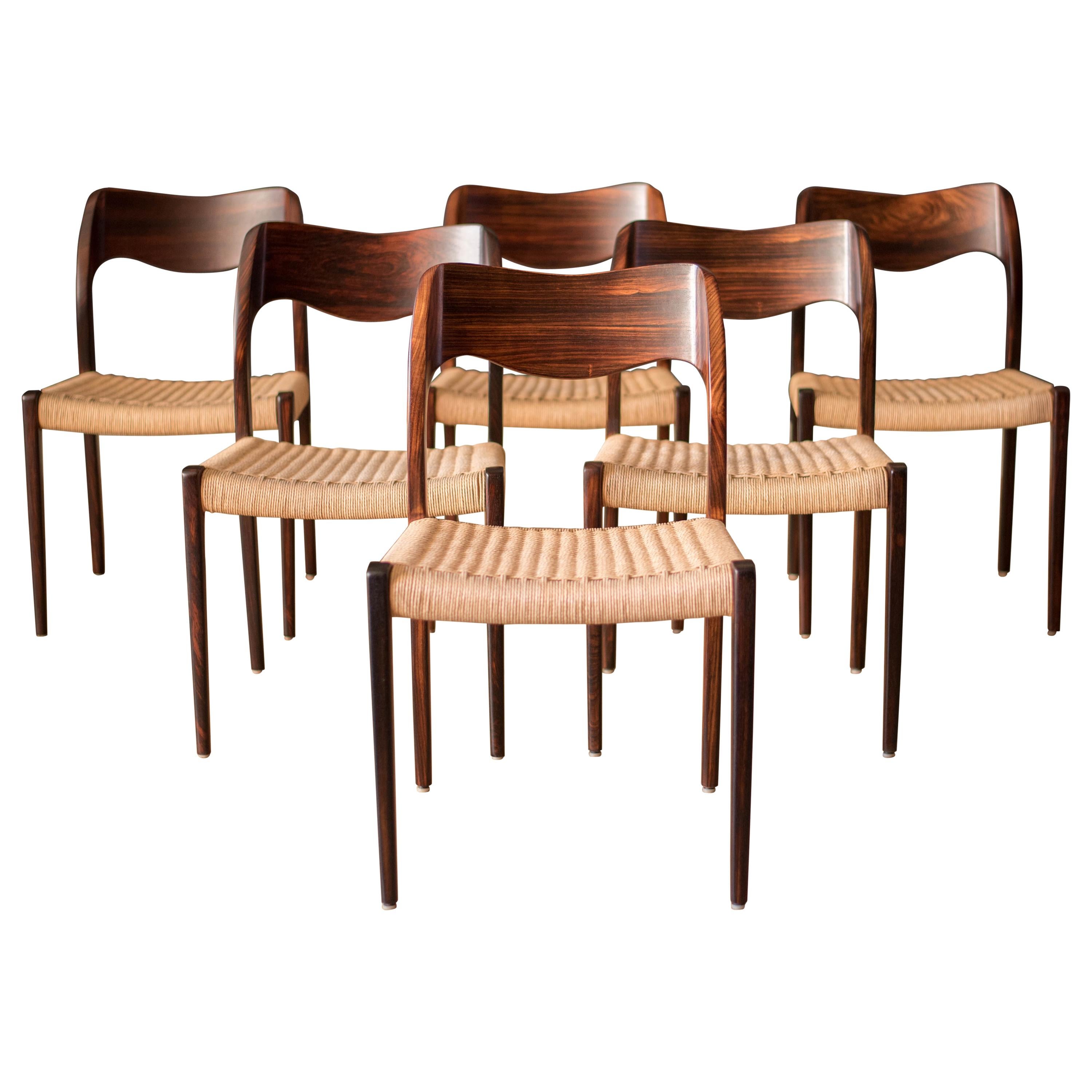 Vintage Six Rosewood and Paper Cord Niels Otto Møller Dining Chairs No. 71