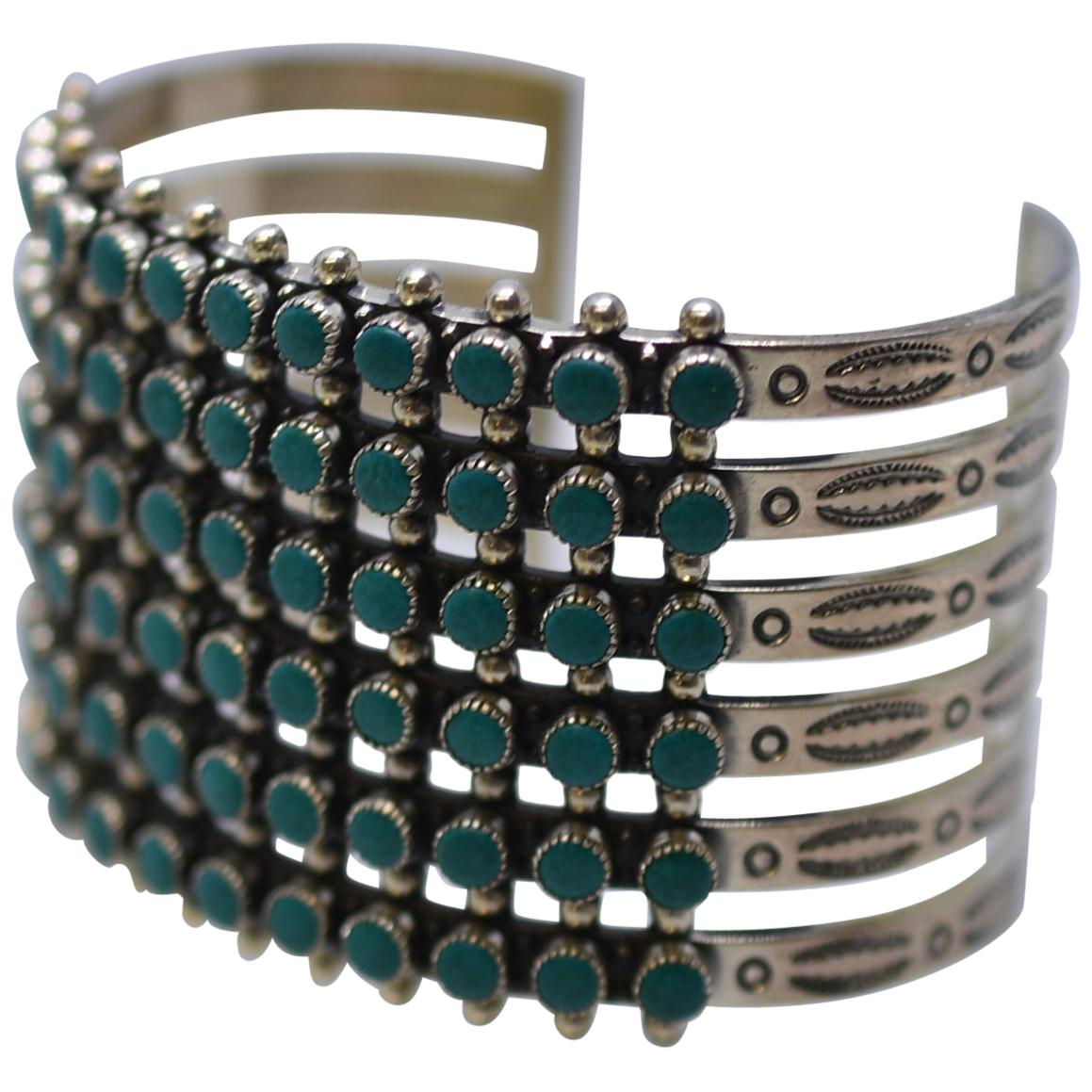 Vintage Six-Row Zuni Snake Eyes Sterling & Turquoise Cuff Bracelet
