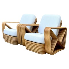 Vintage Six Strand Bent Rattan Lounge Chairs After Paul Frankl - A Pair