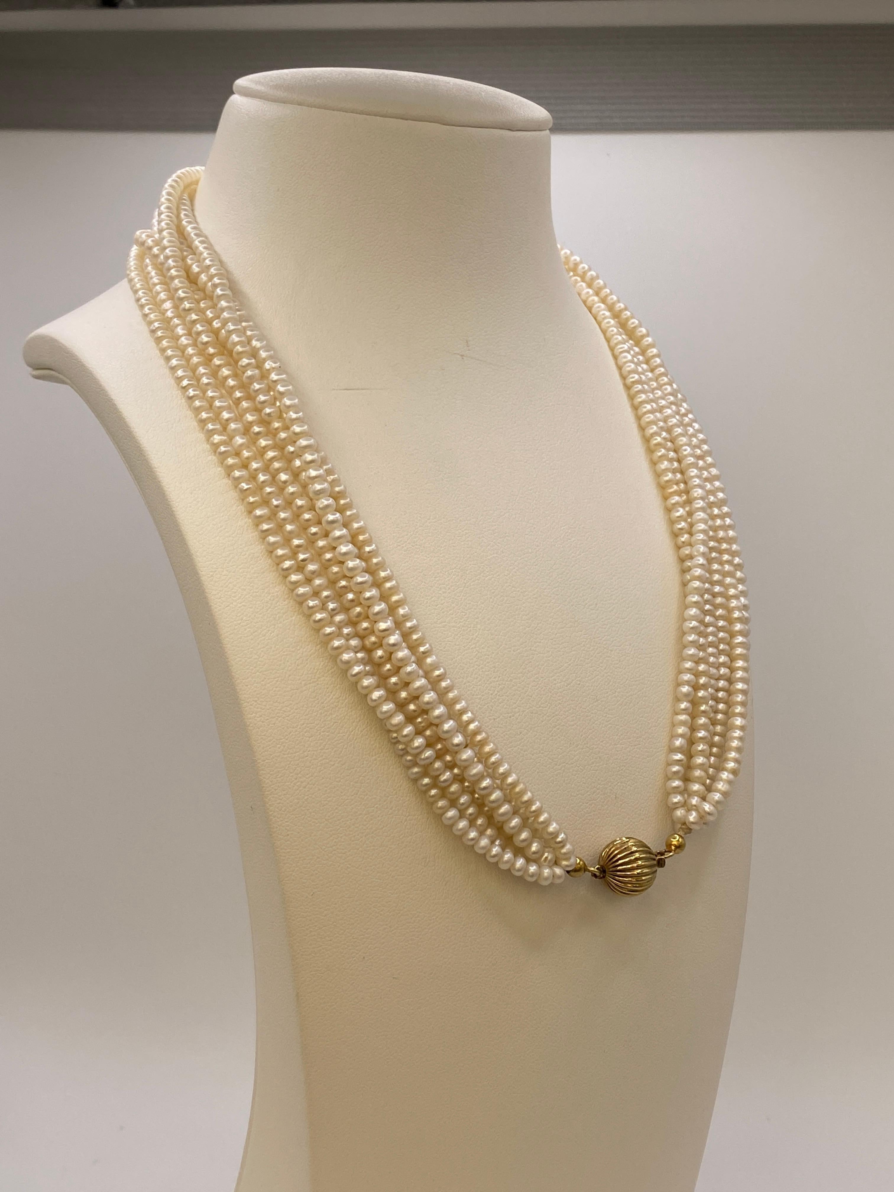 Retro Vintage Six-Strand Fresh Water Button Pearl Choker Necklace with gold clasp. For Sale