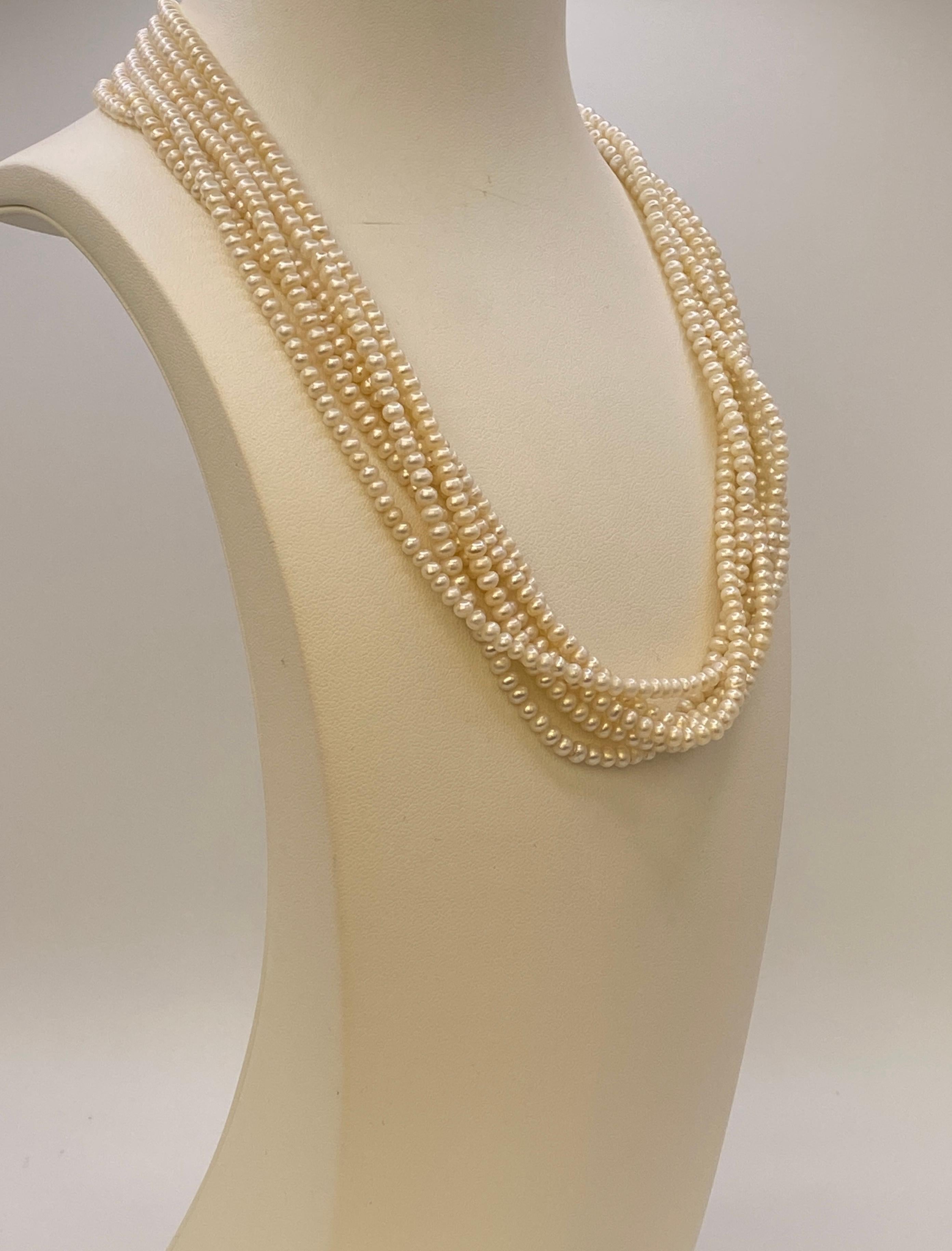 Women's Vintage Six-Strand Fresh Water Button Pearl Choker Necklace with gold clasp. For Sale
