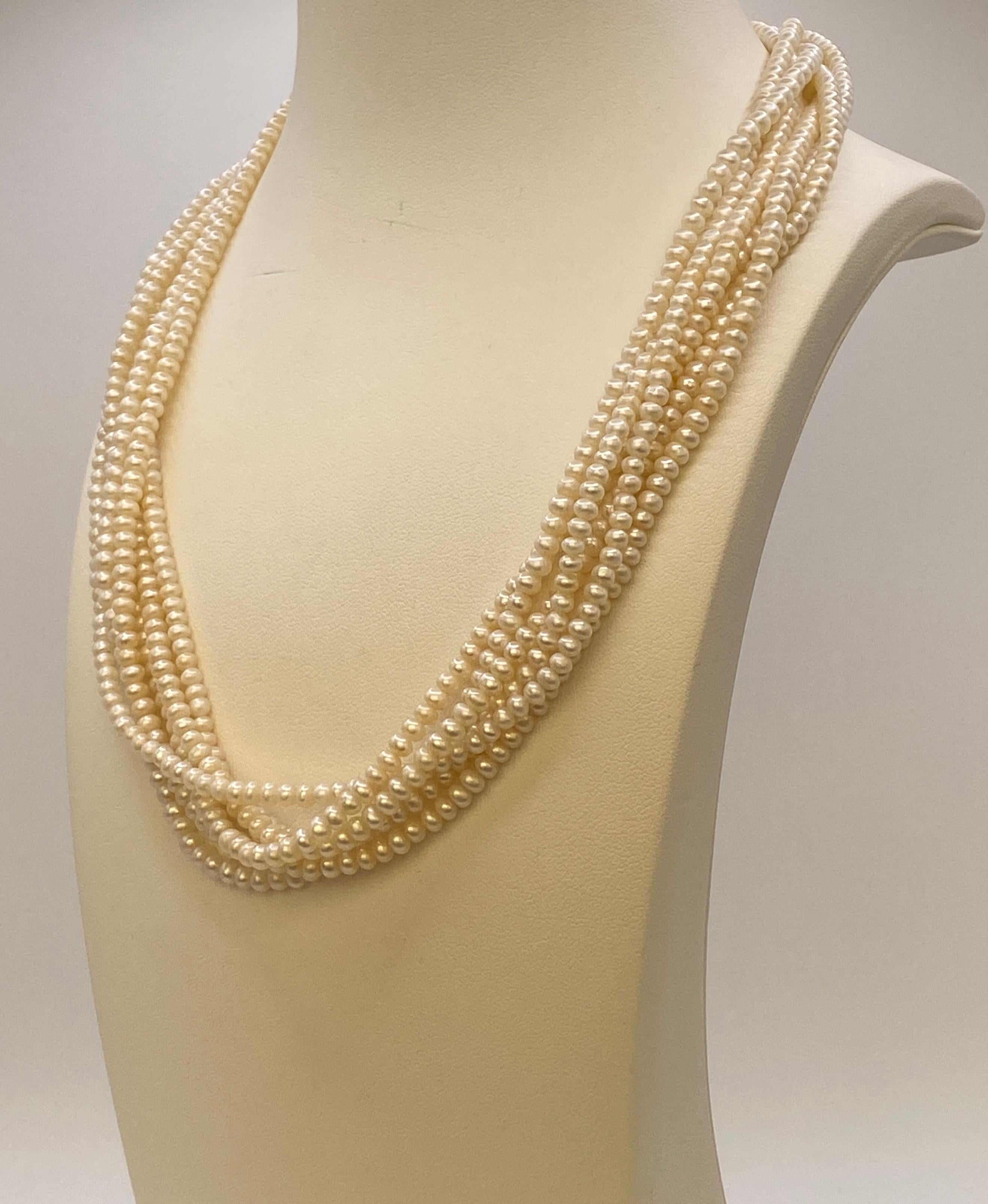 Vintage Six-Strand Fresh Water Button Pearl Choker Necklace with gold clasp. For Sale 1