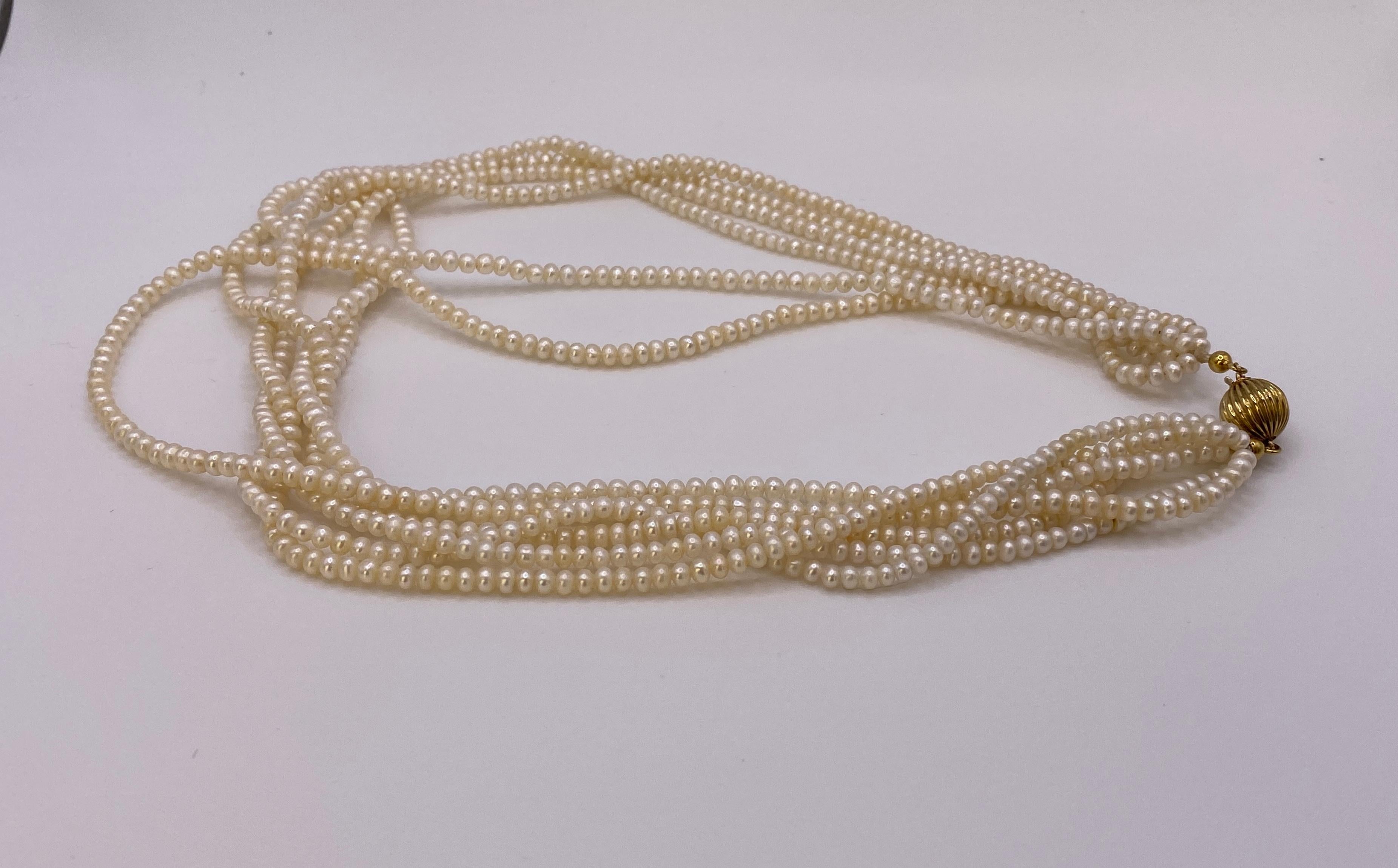 Vintage Six-Strand Fresh Water Button Pearl Choker Necklace with gold clasp. For Sale 2