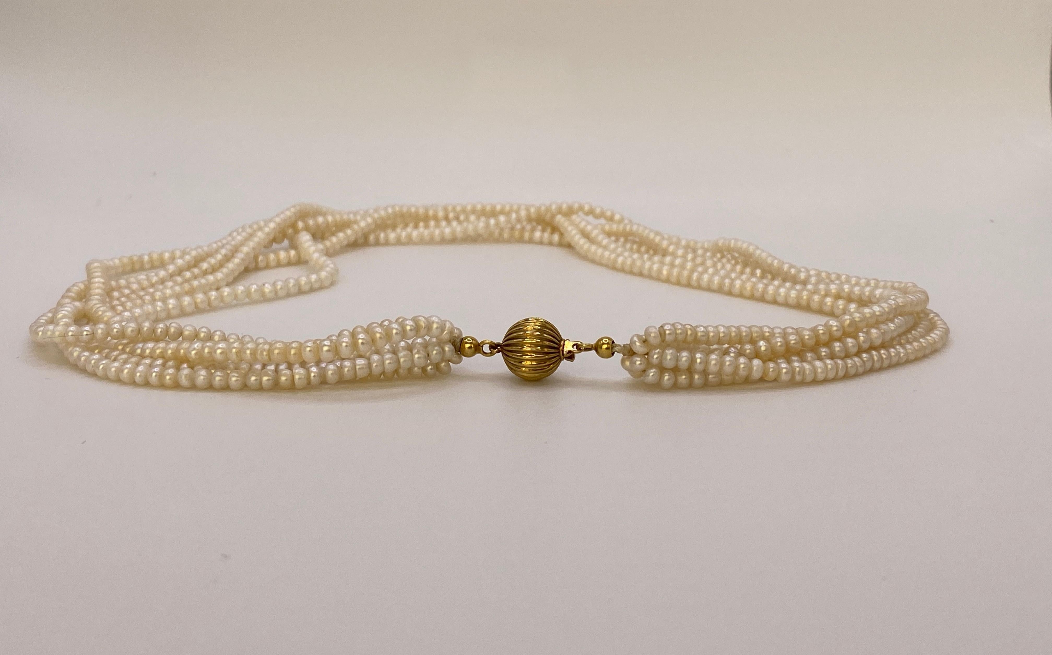 Vintage Six-Strand Fresh Water Button Pearl Choker Necklace with gold clasp. For Sale 3