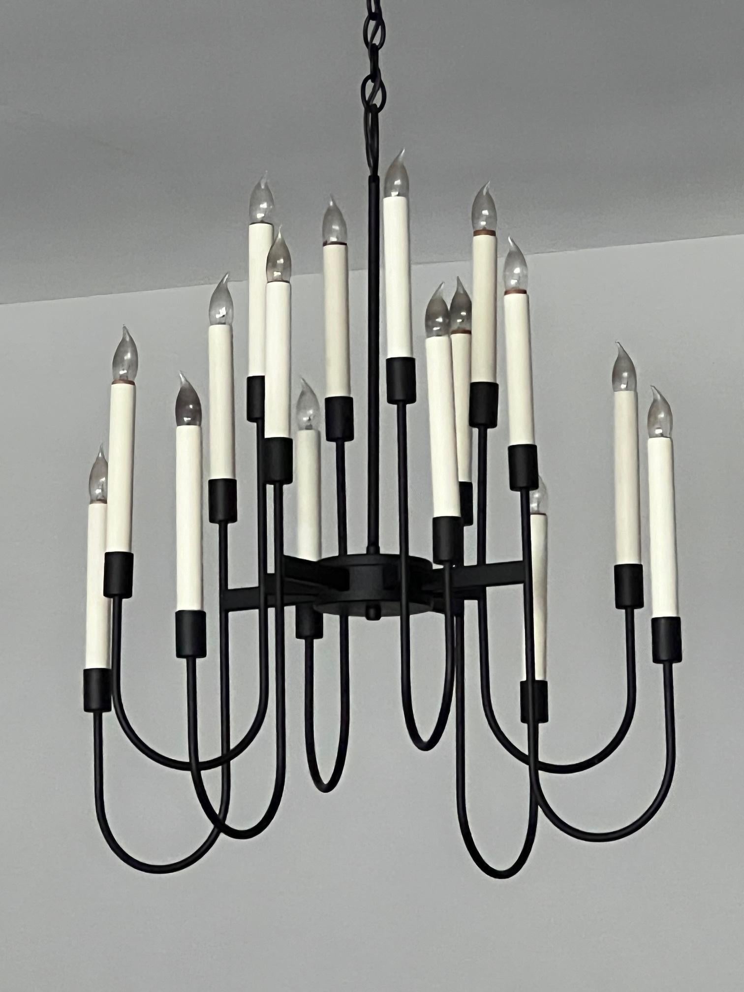 Elegant black lacquer sixteen-light chandelier by Lightolier. The chandelier is comprised of eight spokes radiating out from the centre disc, with each bar holding two lights on a curved rod. Comes with matching black chain.