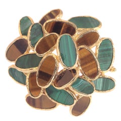 Vintage Pop-Art 18 Karat Gold Brooch set with Malachite and Tiger Eye, 1960s