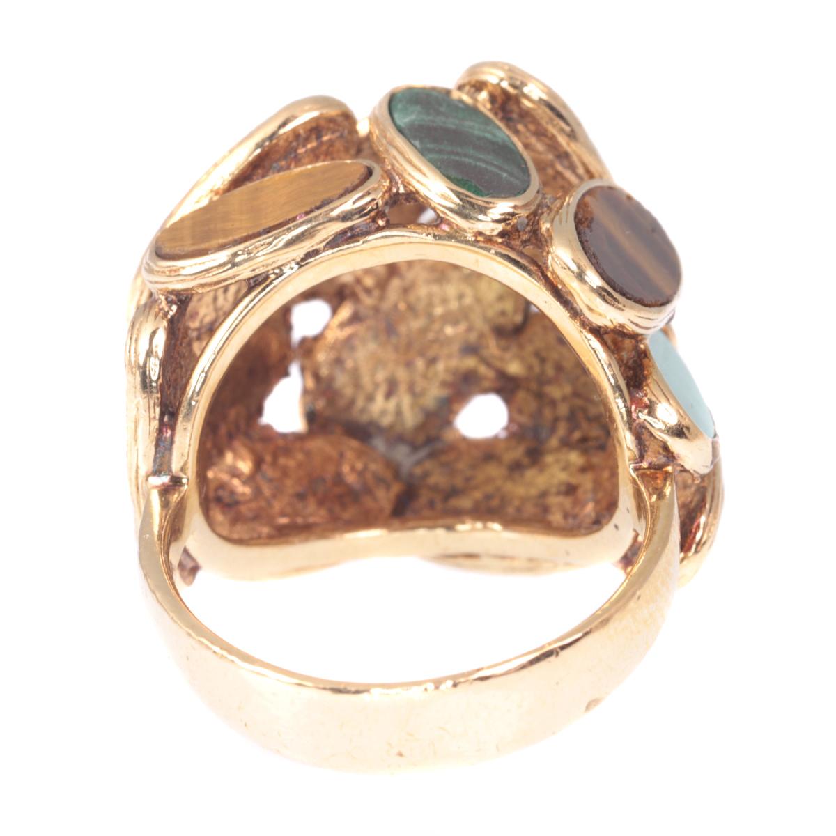Vintage Pop-Art 18 Karat Gold Ring Set with Malachite and Tiger Eye, 1960s For Sale 5