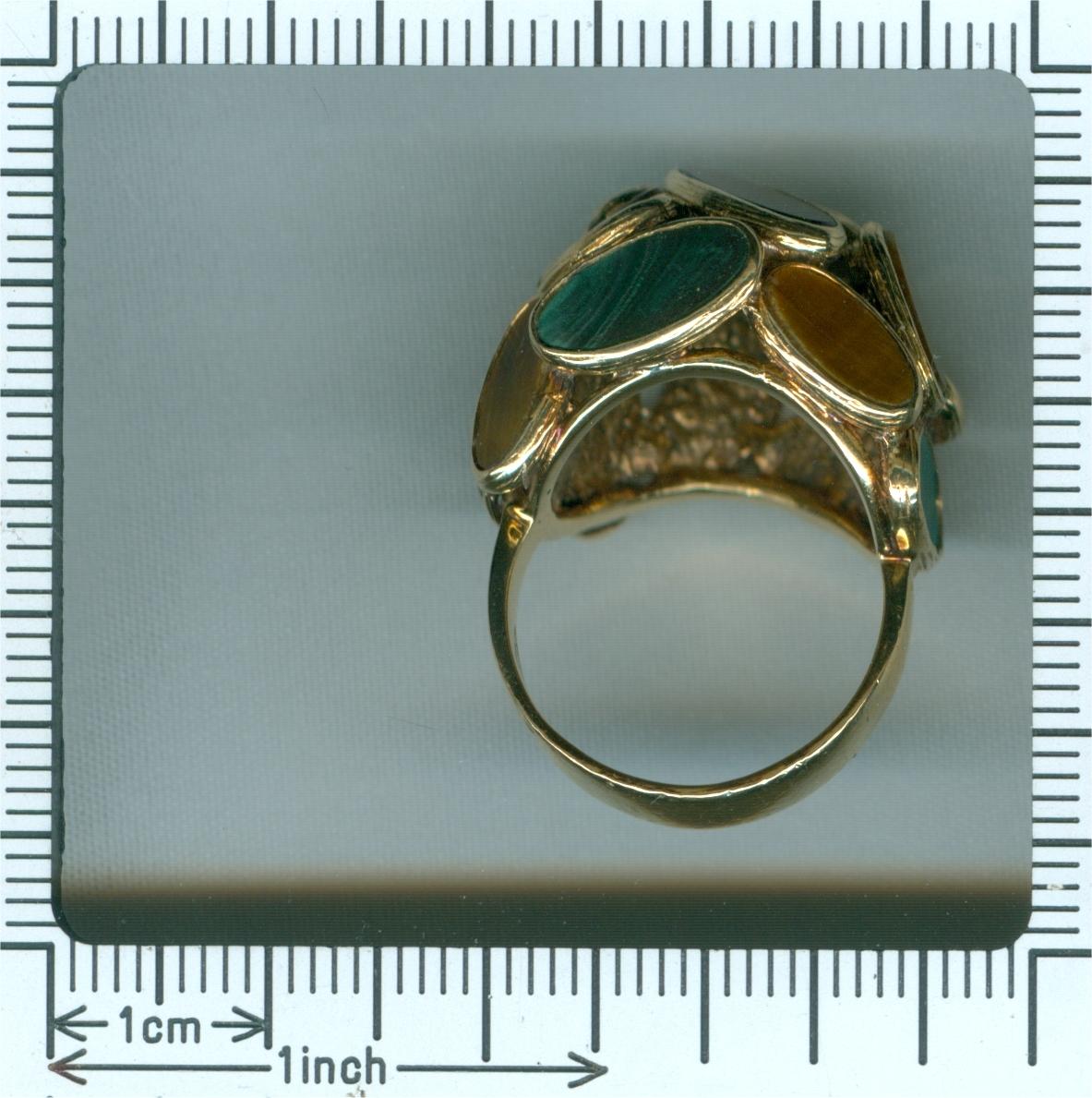 Vintage Pop-Art 18 Karat Gold Ring Set with Malachite and Tiger Eye, 1960s For Sale 7